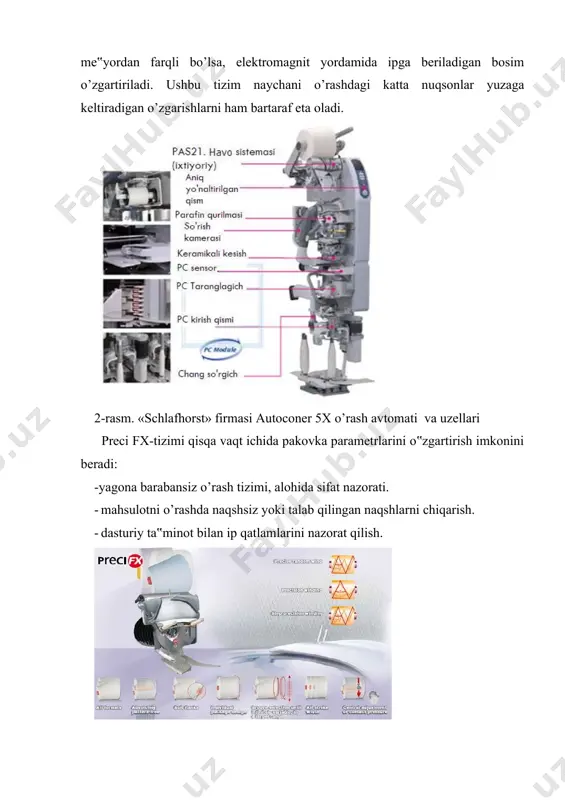 tligi 1. ipni bobinadan konussimon bobinaga o’rash jarayoni davomida ipning nuqsonlari tozalagich (yarn clearer), tomonidan to’liq nazorat ostida bo’ladi. 2. tozalagich ip nuqsonini aniqlashi bilanoq, pichoq bilan nuqson ajratib olinadi va o’rash jarayoni to’xtatiladi. 3. ip nuqsoni avtomatik o’rash mashinasidan so’ruvchi yordamida olib tashlanadi. 4. ikkala uchlar, konussimon bobinaning ustki ipi hamda bobinaning quyi iplari yana qaytadan ulanadi. iplarni maxsus ulash moslamasida ulash orqali yoki ipni splayserda ulash orqali amalga oshiriladi. bu ulash juda keng usul bo’lib, u deyarli barcha ulash avtomatlarida qo’llaniladi. ulangan joylar inson ko’zi bilan sezilmaydigan bo’ladi. hozirgi ip tozalovchi dastgohlar ulamning sifatini ham tekshiradi. 5. o’rash jarayoni keyingi nuqsongacha yoki o’ralayotgan ip tugaguncha davom etadi. ulamning ko’ngildagidek bo’lishi uchun, ikkala ipning uchlari uchli holga keltirilishi lozim hamda, tolalar etarlicha ajratilgan va parallellashgan bo’lishi lozim, chunki ular ulanayotganda bir-biriga o’raladigan bo’lishi kerak. 9-rasmda splayserda ip uchlarini ulash jarayonining asosiy prinsipi ko’rsatilgan. 9-rasm.splayserda ulash bosqichlari iplarni to’g’ri joylashtirish …