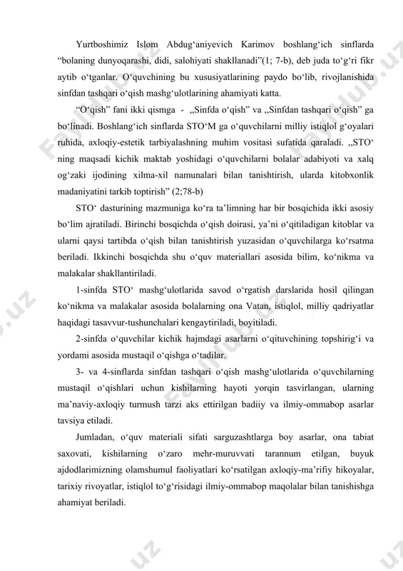 arlar tavsiya etiladi. jumladan, o‘quv materiali sifati sarguzashtlarga boy asarlar, ona tabiat saxovati, kishilarning o‘zaro mehr-muruvvati tarannum etilgan, buyuk ajdodlarimizning olamshumul faoliyatlari ko‘rsatilgan axloqiy-ma’rifiy hikoyalar, tarixiy rivoyatlar, istiqlol to‘g‘risidagi ilmiy-ommabop maqolalar bilan tanishishga ahamiyat beriladi. o‘quvchilarning bolalar kitobi, gazetasi va jurnallari bilan mustaqil ishlashga sinf va maktab kutubxonasi bilan hamkorlikni to‘g‘ri yo‘lga qo‘yish sto‘m ning samaradorligiga ijobiy ta’sir ko‘rsatadi. birinchi sinf o‘quvchilarining kitob bilan mustaqil faoliyatini shakllantirish uchun sinf kutubxonasida hafta davomida kitoblar ko‘rgazmasi tashkil etib boriladi. ikkinchi sinfda esa kitoblar ko‘rgazmasi mavzular asosida tashkil etiladi. masalan, vatan, istiqlol, tabiat, axloqiy-ma’naviy qadriyatlar, buyuk ajdodlarimizning qahramonona jasoratlari kabi mavzular shular jumlasidandir. bunday kitob ko‘rgazmalari hamda tavsiya etilayotgan kitoblar ro‘yxati o‘quvchilar saviyalariga mos asarlarni tanlab o‘qishlariga yordam berishi kerak. uchinchi sinf kitoblar ko‘rgazmasida kitoblar mualliflariga qarab tartiblanadi. masalan, q.muhammadiy, p.mo‘min, g‘. g‘ulom, z.diyor, a.obidjon, s.barnoyev, t.adashboyev asarlari kabi. shuningdek, tavsiya etiladigan kitoblar ro‘yxati va kitob ustida mustaqil ishlash uchun mavzular bo‘yicha kartotekalar …