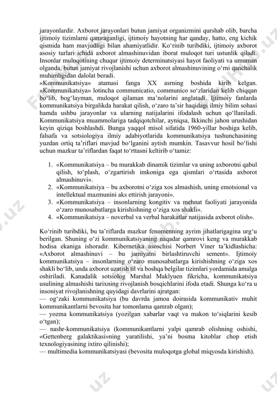 (o‘zaro birgalikda idrok etish) funksiyalarini alohida ko‘rsatish mumkin. ana shu uchta funksiyaning birligi muloqot jarayonida hamkorlikdagi faoliyat va ishtirokchilarning o‘zaro ta’sir etishdagi harakatlarini tashkil etish usuli sifatida maydonga chiqadi. 1. muloqotning kommunikativ jihatida individlarning o‘zaro ma’lumot almashinishi sodir bo‘ladi. 2. muloqotning interaktiv jihatida individlar nafaqat bilim va g‘oyalar, balki harakatlar bilan ham o‘zaro ta’sirni amalga oshiradilar. yanada aniqlik kiritadigan bo‘lsak, muloqot shaxslararo birgalikdagi harakat, ya’ni odamlarning hamkorlikdagi faoliyati jarayonida tarkib topadigan aloqalari va o‘zaro bir-birlariga ta’sirining yig‘indisi sifatida yuzaga chiqadi. hamkorlikdagi faoliyat va munosabat ijtimoiy qoidalar – odamlarning birgalikdagi harakati va o‘zaro munosabatlarini qat’iyan belgilab qo‘yadigan hamda jamiyatda udum bo‘lgan xulq-atvor namunalari asosida amalga oshiriladigan ijtimoiy nazorat sharoitida yuz beradi. jamiyat ijtimoiy qoidalar sifatida qabul qilgan, ma’qul topgan, udumga aylangan va tegishli vaziyatda turgan har bir kishidan bajarilishini kutayotgan namunalarning o‘ziga xos tizimini yaratadi. ularning buzilishi qoidadan chetga chiqadiganlarning xulq-atvori to‘g‘rilanishini ta’minlaydigan ijtimoiy nazorat mexanizmlari (ma’qullamaslik, ta’na qilish, jazolash)ni o‘z …