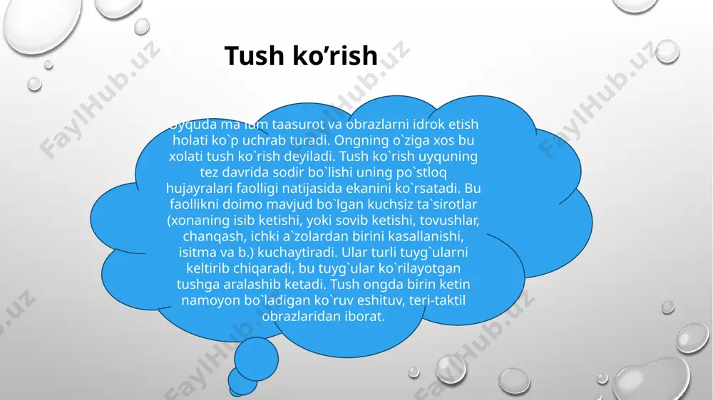 gan hodisalarni ham ko`rish mumkin. uyquning ultra paradoksal, paradoksal va tormozlanish fazalari farq qilinadi. odam ko`pincha tushning ultra paradooksal fazasida tush ko`radi. bu chuqur uyquga ketish yoki odam uxlashdan uygonishga o`tayotgan vaqtga to`g`ri keladi. uygonishdan va uxlashdan biroz oldin ko`rilgan tushlar esda qoladi. chuqur uyqu davrida ko`rilgan tushlar ko`pincha esda qolmaydi. ba`zi odamlar butun umri mobaynida tush ko`rmasligi mumkin. ba`zi odamlar juda ko`p tush ko`radi. hayvonlar ham tush ko`radi. chaqaloq ham tush ko`radi. gipnoz i.p.pavlov ishlari shundan darak beradiki, uyqu shuningdek gipnoz vaqtida bosh miya katta yarim sharlar tormozlangan holatda bo`ladi. tabiiy uyqu bilan gipnotik holatning farqi miya po`stlog`idagi tormozlanishning tarqalishidadir. gipnotik uyquda va gipnotik holatning bir necha fazalari ko`zatiladi. gipnozda miya po`stlog`ining harakat markazlari tormozlanadi. masalan, hayvonni birdaniga, kuchli, keskin harakat bilan orqasiga agdarib qo`yilsa, hayvonda harakat markazlari tormozlanadi, u ancha vaqtgacha ko`zini ochib harakat qilolmaydi. uyqudan gipnozning asosiy farqi gipnozda miya po`stlog`ining ayrim markazlari tormozlanadi. odamni gipnoz qilinganda …