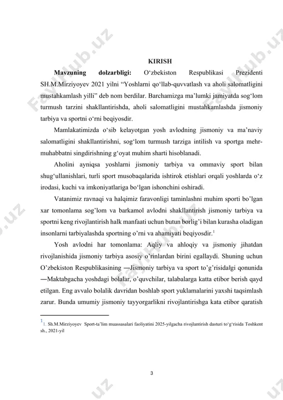 dimdan barcha sport turlarining onasi ham deb еtirof еtilganligi bejiz еmas, chunki juda kup sport turlari uchun jismoniy sifatlarni rivojlantirishga qaratilgan mashqlarni bajarish vositalari ya‟ni sport anjomlari va inshoatlardagi jixozlar gimnastika sport turining azaliy anjomlari bo’lib kelgan. kurs ishining maqsadi: gimnastikaning qadimgi davrlardan to hozirgi kungacha bo‘lgan tarixiy taraqqiyotini o‘rganish va tushuntirish. kurs ishining vazifasi: gimnastikaning qadimgi, o‘rta asrlar, yangi va zamonaviy davrlardagi rivojlanish bosqichlarini tahlil qilish. i.bob.gimnastikaning rivojlanish tarixi va elementlarini paydo bo`lish tarixi 1.1. gimnastikaning rivojlanishi va tarixi jismoniy tarbiya sifatida gimnastika juda ko’p vaktdan buyon rivojlanib kelgan. gimnastikaning rivojlanishi janglarni olib borish usullarining, jamiyat tuzilishining o’zgarishlariga va inson to’grisidagi ilmlarni rivojlanishiga uzviy boglik bo’lib kelgan. qadimlardan, qadimiy sharqda gimnastik mashgulotlari ko’llanib kelingan. qadim gretsiyada ham gimnastika jismoniy tarbiya sifatida ko’llanilgan. greklar gimnastika deb butun bir jismoniy tarbiya tizimini atashgan, lekin yoshlarning jismoniy tarbiyasiga va ularni musobakalarga tayyorlashga alohida e’tibor berishgan. shuning uchun birinchi tizimni gimnastika, ikkinchisini esa …
