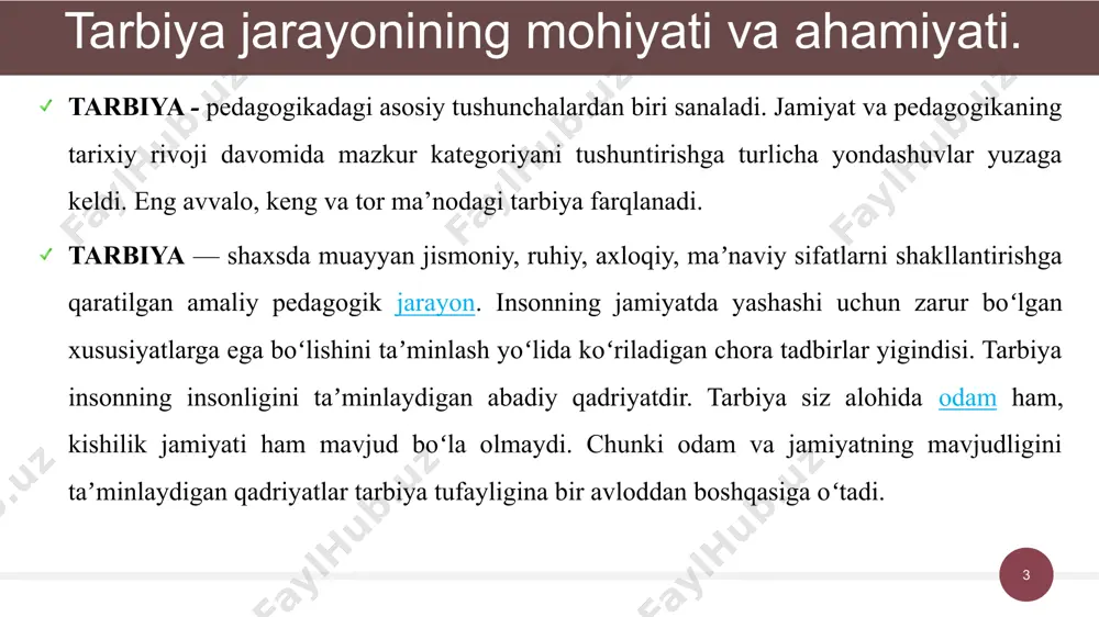 qilishdir... adab saqlash - muhabbat samarasi, yana muhabbat daraxtining urug’i hamdir. agar adabdan ozgina nuqsongga yo’l qo‘ysangiz ham, nimaiki qilsang, beadablik ko‘rinadi. odam o‘zining bir xil sifat va ko‘rinishida olib yurishi lozimki, toki odamlarda unga tasarruf (ta’sir qilish) ta’masi paydo bo’lmasin”. 8 9 tarbiya jarayonining mohiyati va ahamiyati. abu nasr forobiy birinchi bo‘lib ta’lim va tarbiyaga ta’rif bergan olimdir. ta’lim — so‘z va o‘rganish bilangina аmalga oshiriladi. tarbiya - esa amaliyot, ish-tajriba bilan, ya’ni shu yo’ l orqali amalga oshiriladi, deydi. abu nasr forobiyning fikricha, har bir shaxs munosib odam bo‘lishi uchun unga ta’lim va tarbiya zarurdir. u ta’lim orqali nazariy kamolatga erishadi. tarbiya orqali esa kishilar bilan muloqatni, axloqiy qadr qimmatni va amaliy faoliyatni o‘rganadi. farobiy bolalaring fe’l - atvoriga qarab tarbiya jarayonida “ qattiq yoki “yumshoq” usullardan foydaianish kerak deb hisoblaydi: 1.tarbiyalanuvchilar o‘qish - o‘rganishga moyil bo ‘lsa, ta’lim- tarbiya jarayonida yumshoq usul qo‘llanadi. 2.tarbiyalanuvchilar o'zboshimcha, itoatiz bo …
