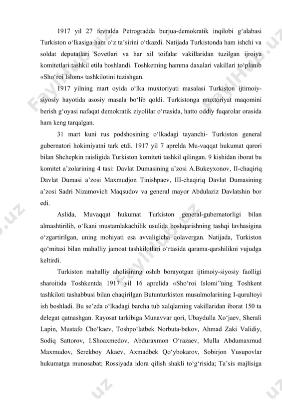 gat qatnashgan. rayosat tarkibiga munavvar qori, ubaydulla xo‘jaev, sherali lapin, mustafo cho‘kaev, toshpo‘latbek norbuta-bekov, ahmad zaki validiy, sodiq sattorov, i.shoaxmedov, abduraxmon o‘razaev, mulla abdumaxmud maxmudov, serekboy akaev, axmadbek qo‘ybokarov, sobirjon yusupovlar hukumatga munosabat; rossiyada idora qilish shakli to‘g‘risida; ta’sis majlisiga tayyorgarlik ko‘rish haqida; turkistondagi mahalliy fuqarolar muassasalari; turkistonda diniy-shariat muassasalari; maktablar, madrasa-lar va vaqflar; moliyaviy ishlar; avvalgi zamondan qolgan muassasa-larni yangilash; turkistondagi barcha musulmonlarga rahbarlik qiluvchi islom diniy boshqaruvini tuzish to‘g‘risida» oziq-ovqat masalasi; urushga munosabat; front ortida (mamlakat ichkarisida) xizmat qiluvchilar haqidagi masala; «sho‘roi islomni» o‘lka miqyosida birlashtirish to‘g‘risida; «sho‘roi islomiya»ning ijroiya qo‘mitalariga munosabat; rossiya umummusulmonlar s’ezdiga delegatlar saylash haqida; yer-suv to‘g‘risidagi masalalar kiritilgan edi. s’ezdning so‘nggi majlisida markaziy rahbarlik organi – turkiston o‘lka musulmonlar sho‘roi (o‘lka mus sho‘rosi)ni tuzish to‘g‘risida qaror qabul qilindi. o‘lka musulmon sho‘rolarini tuzish milliy harakatga uyushgan va markazlashgan tus bag‘ishlash uchun barcha tarqoq, bir-biri bilan o‘zaro bog‘langan musulmon jamiyatlari, qo‘mitalari va ittifoqlarini birlashtirishni ko‘zda tutardi. …