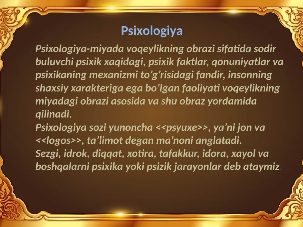 falarini ana shu bog’lanish va munosabatlarning qonuniyatlarini ochib berishdir. psixik xodisalar va butun psixika rivojlanib kelgan va rivojlanmoqda. psixologiya psixik xayot xodisalari yoki qisqacha qilib aytganda psixikadan baxs yuritadi. yangi davr va psixologiya. psixologiya soxasida mukammal darsliklar yozila boshlangan davrga sal kam 160 yil bo’ldi. shu davr ichida juda koplab ilmiy tadqiqot natijalarini o’z ichiga olgan monografiyalar, darsliklar, qo’llanmalar yozildi. xx asr va uning erishilgan yutuklaridan eng muximi shu bo’ldiki, texnika, elektronika va boshqa shunga o’xshash murakkab texnologiyalarni yaratgan inson va uning bevosita kundalik xati bilan boglik muammolar ko’payib borishi bilan xarakterlanadi. psixika-bu yuksak tashkil topgan materiyaning sistemali xossasi, subekt tomonidan obektiv borliqni faol aks ettirish, mazkur borliq manzaralarinisub’ekt izidan uzoqlashtirmay ifodalashi xuddi shu asnoda o’z xulqini va faoliyatini shaxsan boshqrishidr. psixikada o’tmish, xozirgi davr va kelasi zamon xodisalari ifodalangan va tartibga solingandir. genetik kelib chiqishga binoan psixika o’z relfektor tipiga va tarixiga ega bo’lgan aloxida siklli tizim sifatida yuzaga …