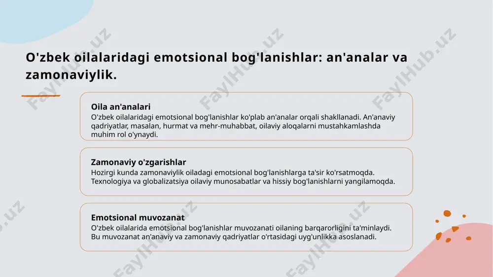 iradi, muhimdir. 2 an'analar va zamonaviylik o'zbek oilalarida an'anaviy qadriyatlar va zamonaviy o'zgarishlar o'rtasidagi uyg'unlik, emotsional bog'lanishlarni mustahkamlashda muhim rol o'ynaydi, diqqatga sazovordir. 3 terapiya va hal qilish oila terapiyasi muammolarni hal qilishda zamonaviy yondashuvlar bilan birga, oilaviy munosabatlarni kuchaytirib, ijobiy natijalarga erishishda yordam beradi, foydali. e'tiboringiz uchun rahmat! oila psixologiyasi glossariysi 1. oila – qon-qarindoshlik, nikoh yoki farzand asrab olish asosida shakllangan kichik ijtimoiy guruh. 2. oila psixologiyasi – oiladagi shaxslararo munosabatlar, rolda bo‘lish, nizolar va ularning echimlarini o‘rganadigan psixologiya sohasi. 3. nikoh – erkak va ayol o‘rtasida qonuniy yoki an’anaviy asosda tuzilgan oilaviy ittifoq. 4. rollar – oila a’zolarining jamiyat va oila ichida bajaradigan ijtimoiy vazifalari (masalan, ota roli, ona roli, farzand roli). 5. oilaviy nizolar – oila a’zolari o‘rtasida kelib chiqadigan tushunmovchilik yoki ziddiyatlar. 6. konsensus – oila a’zolari o‘rtasida kelishuvga erishish, umumiy qarorga kelish. 7. empatiya – boshqa odamning his-tuyg‘ularini tushunish va unga hamdardlik ko‘rsatish qobiliyati. …