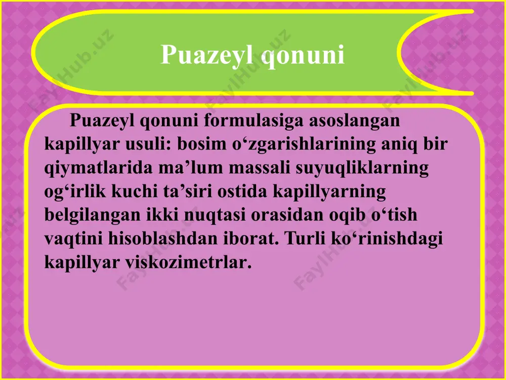 aga keltiradi. suyuqliklar molekulyar tuzilishinig xususiyatlri suyuqlik ichida joylashgan har bir molekula atrofini teng miqdordagi molekulalar o‘rab olgan va ular bir-biri bilan o‘zaro ta’sirlashadi, lekin bu kuchlaming teng ta’sir etuvchisi nolga teng. ikki muhit chegarasi yaqinida joylashgan molekulaga uni o‘rab olgan muhit bir jinsli bo‘lmagani sababli suyuqlikning boshqa molekulalari bilan kompensatsiyalanmagan kuch ta’sir qiladi. shu sababli suyuqlik hajmidan molekulani suyuqlik sirt qalamiga chiqarish uchun ish bajarish lozim. temperatra o‘zgarmaganda biror suyuqlik sirt qatlamini hosil qilish uchun sarflangan ishning shu sirt yuziga nisbati bilan aniqlanadigan kattalikka sirt taranglik deyiladi: =a/s sirt taranglik agar suyuqlik sirtida biror l uzunlikda kesma tanlab olsak (2.10-rasm), unda bu sirt kuchlarini shu kesmaga peфendikulyar yo‘nalgan strelkalar yordamida ifodalash mumkin. sirt taranglik kuchining shu kuchlar ta’sir etayotgan kesmau zunligiga nisbati sirt tarangligiga teng. =f/l . нурланиш таъсирида ўсимталарни куйдириш мумкин. эътиборингиз учун раҳмат! image2.jpeg image3.png image1.jpeg image4.jpeg image5.png image6.png image7.png image8.png image9.jpeg image10.png image11.png image12.png image13.jpeg image14.png …