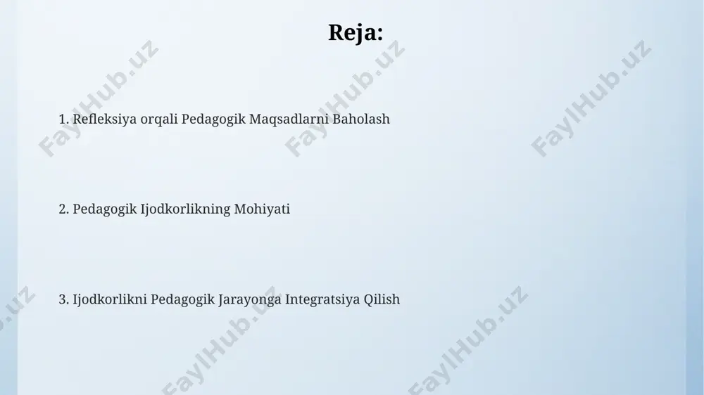 ya usullarini qo'llash darajasi 20% dan 35% gacha o'zgargan bo'lib, bu o'qitish sifati va o'quvchilarning faolligiga ijobiy ta'sir ko'rsatgan. ijodkorlikni baholashda sifatli va miqdoriy ko'rsatkichlarni birgalikda qo'llash (masalan, 7 balldan 5 ball yoki undan yuqori) va olingan natijalar bo'yicha refleksiya o'tkazish talabalarning o'z ustida ishlashga motivatsiyasini toshkentdagi universitetlarda sezilarli darajada oshirdi. pedagogikaning mohiyati va vazifalari pedagogik jarayonning samaradorligini oshirish uchun 4 bosqichli baholash tizimi, shu jumladan, diagnostik, shakllantiruvchi, jarayon va yakuniy baholash kabi turlari qo'llanilib, andijon viloyati maktablarida amaliyotga joriy etilgan. pedagogika, o'quv jarayonini 3 ta asosiy tamoyil – shaxsiylashtirish, differensiatsiya va integratsiya asosida tashkil etishni nazarda tutib, 21-asr talablariga javob beradigan 12 yillik ta’lim tizimi doirasida amalga oshiriladi. pedagogikaning asosiy vazifalaridan biri – o'quvchilarning 5 ta asosiy kompetensiyasini (muammolarni hal qilish, kommunikativlik, ijodkorlik, axborot madaniyati va insonparvarlik) shakllantirish bo'lib, bu samarqand davlat universiteti kabi oliy o'quv yurtlarida o'rganiladi. pedagogik texnologiyalar va ijodkorlik oʻzbekistonning 7 ta viloyatida oʻtkazilgan tadqiqotlar, interaktiv …