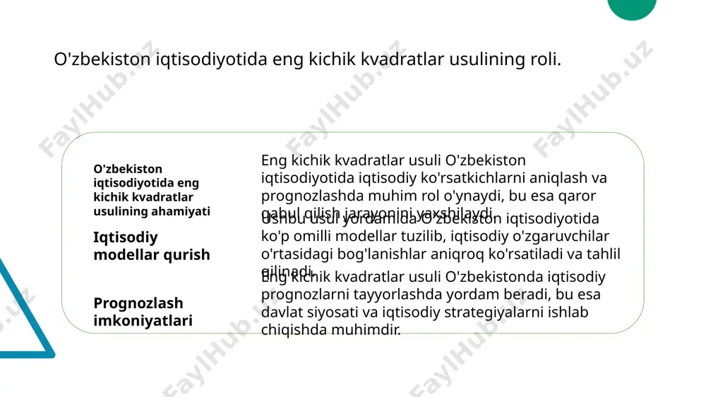 hik bizneslar uchun eng kichik kvadratlar usuli qo'llanilib, ularning iqtisodiy ta'sirini baholash va rivojlanish strategiyalarini aniqlashga yordam beradi. 3 qishloq xo'jaligi modeli qishloq xo'jaligida eng kichik kvadratlar usuli orqali hosil, xarajatlar va foyda o'rtasidagi bog'lanishlar o'rganilib, samaradorlikni oshirishga xizmat qiladi. o'zbekiston iqtisodiyoti uchun eng kichik kvadratlar usulining ahamiyati. 1 eng kichik kvadratlar usulining ahamiyati - eng kichik kvadratlar usuli o'zbekiston iqtisodiyotida iqtisodiy o'zgaruvchilar o'rtasidagi murakkab munosabatlarni tahlil qilishda muhim ahamiyatga ega. 2 prognozlash imkoniyatlari - ushbu usul yordamida iqtisodiy ko'rsatkichlarni aniqlash va prognozlash imkoniyatlari oshadi, bu esa rejalashtirish jarayonini samarali qiladi. 3 qaror qabul qilish - eng kichik kvadratlar usuli asosida olingan tahlillar iqtisodiy qarorlar qabul qilish jarayonida ishonchli asos bo'lib xizmat qiladi, natijalarni aniq ko'rsatadi. 4 o'zbekiston iqtisodiyotida qo'llanilishi - o'zbekistonda qishloq xo'jaligi, sanoat va xizmatlar sohasida bu usulning qo'llanilishi iqtisodiy o'sish va rivojlanishni ta'minlaydi. ko'p omilli modellarda prognozlash: o'zbekiston misoli. o'zbekiston iqtisodiyoti o'zbekiston iqtisodiyoti ko'p omilli modellarda tahlil …