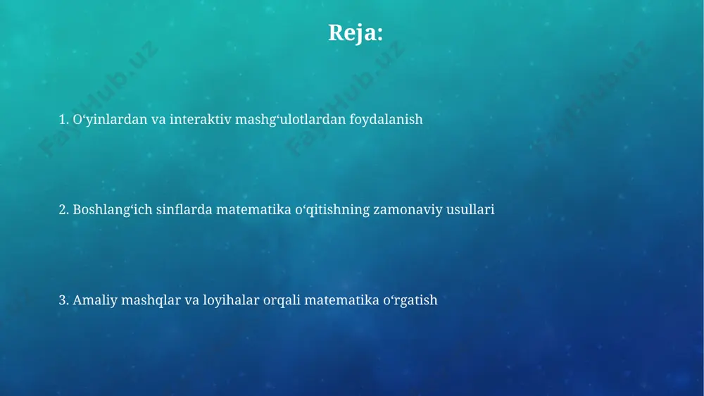 uvchining matematik qobiliyatlarini hisobga oladi. baholashning yangi usullari portfel baholash usuli yordamida o'quvchilarning matematik ishlari, loyihalari va test natijalarini bir joyda jamlash orqali ularning rivojlanishini kuzatish mumkin. bu 3-4 hafta davomida amalga oshirilishi mumkin. o'quvchilarning o'z-o'zini baholash ko'nikmalarini rivojlantirish uchun ularga 2-3 ta savol berish va ularning javoblarini tahlil qilish orqali o'zlarining ishlarini baholashga yordam berish mumkin. amaliy mashgʻulotlar va loyihalar amaliy mashgʻulotlar geometrik shakllarni 3 oʻlchovda modellashtirish, 2d va 3d ob’ektlarni taqqoslash orqali fazoviy tasavvurni rivojlantirishga yordam beradi. amaliy ishlar va loyihalar yordamida 10 ta tenglama yechishdan ko'ra, o'quvchilar 2 ta murakkab muammoni hal qilish orqali chuqurroq tushunchaga ega bo'lishadi. oʻyinlar orqali matematikadan oʻqitish matematikaviy topshiriqlarni oʻyin shaklida, masalan, “kim tez?” yoki “kim koʻproq toʻplaydi?” kabi 2-3 bosqichli musobaqalar orqali tashkil etish, oʻquvchilarning faol ishtirokini ta’minlaydi va matematikaga boʻlgan qiziqishini oshiradi. 5-7 yoshli bolalar uchun geometrik shakllarni oʻrganishda, lego konstruktorlari yordamida turli xil 2 oʻlchovli va 3 oʻlchovli modellarning …