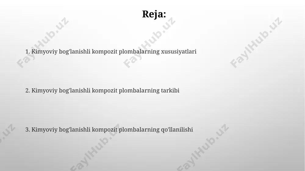 ki aqshda ishlab chiqarilgan, kiradi. kompozitlar tarkibining 1-5% ni birlashtiruvchi agentlar, initiatorlar va boshqa qoʻshimchalar, masalan, amerikalik ishlab chiqaruvchilar tomonidan taqdim etilgan rang beruvchi pigmentlar tashkil etadi. kimyoviy bog'lanish mexanizmi adgeziya jarayonida, fosfat kislotasi bilan 37% li eritma yordamida tish tuzilmalarining yuzasi etarli darajada o'zgartiriladi, bu esa mexanik va kimyoviy bog'lanishning hosil bo'lishiga, masalan, gollandiya ishlab chiqaruvchilari tomonidan ishlab chiqarilgan maxsus adgezivlar orqali, yordam beradi. kompozit plomba tarkibidagi monomerlarning polimerizatsiyasi jarayonida, xususan, 4-meta va bis-gma monomerlari o'rtasida kovalent bog'lanishlar hosil bo'ladi, bu esa materialning qattiqligi va mustahkamligini ta'minlaydi, masalan, 500 mpa gacha kuchlanishga bardosh bera oladi. kompozit plombalarni qo'llash texnikasi kompozit plomba qo'llashdan avval tishlarning sirtiga 37% fosfor kislotasi bilan 15-20 sekund davomida etsa, yaxshi bog'lanish ta'minlanadi va samarqanddagi stomatologik klinikalarda bu standart protsedura hisoblanadi. yorug'lik bilan qattiqlashtiruvchi lampani kompozit materialga 20-40 sekund davomida 500-1000 mw/sm² quvvat bilan ta'sir qilish, plombaning mustahkamligini ta'minlash uchun andijon viloyatining stomatologiya markazlarida tavsiya etiladi. …
