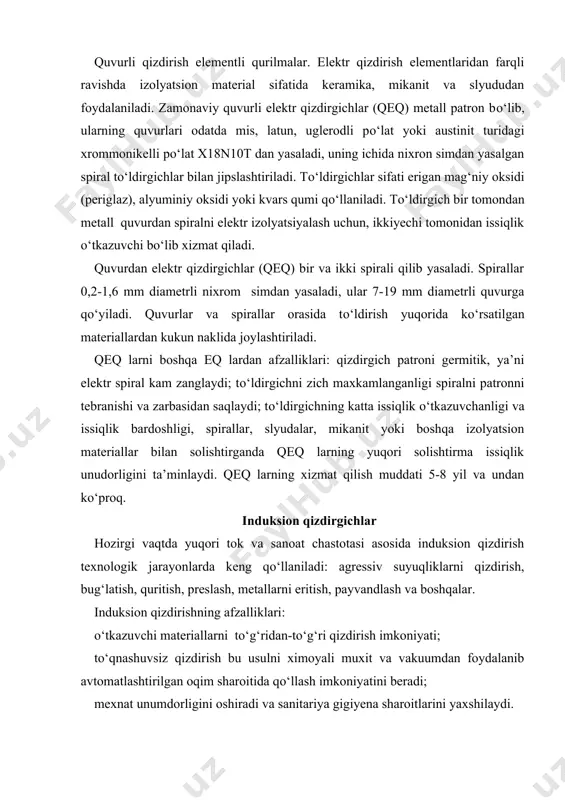 shqalar. induksion qizdirishning afzalliklari: о‘tkazuvchi materiallarni tо‘g‘ridan-tо‘g‘ri qizdirish imkoniyati; tо‘qnashuvsiz qizdirish bu usulni ximoyali muxit va vakuumdan foydalanib avtomatlashtirilgan oqim sharoitida qо‘llash imkoniyatini beradi; mexnat unumdorligini oshiradi va sanitariya gigiyena sharoitlarini yaxshilaydi. 1 - rasm. induksion qizdirish qurilmasining prinsipial sxemasi. a – pasaytiruvchi transformatorli; b - pasaytiruvchi transformator bо‘lmaganda; 1 – generator; 2 – kondensator batareyasi; 3 – induktor; 4 – qiziyotgan jism; 5-pasaytiruvchi transformator. induksion qizdirish qurilmasining sxemasi 1-rasmda kо‘rsatilgan. yuzaviy qizdirish qurilmalarida, masalan, pо‘latlar toblashda, induktor generatorga pasaytiruvchi transformator orqali ulanadi (1-rasm, a). kо‘p о‘ramli indukatorli qizdirgichlar generatorga tranormatorsiz ulanadi (1-rasm, b). bug‘latgich qurilmalarining texnologik elementlari va ulardagi sirkulyatsiya xisobi uchuvchan bо‘lmagan moddalar eritmalarni uning tarkibidagi erituvchini paytida chiqarib yuborish yо‘li bilan quyuqlashtirish jarayoni bug‘latish deb yuritiladi. agar bug‘latish jarayoni qaynash xaroratidan past xaroratda suyuqlikning yuzasida rо‘y bersa, bug‘latish jarayoni esa bug‘ eritmaning butun xajmidan ajralib chiqadi. kimyo sanoatida ishqor, tuz va boshqa moddalarning suvli eritmalari, ayrim mineral …
