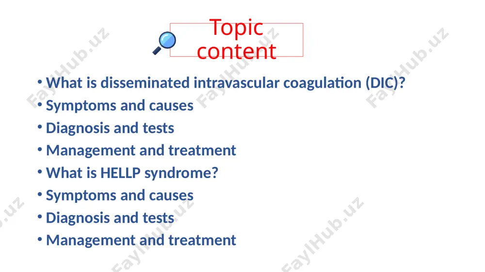 . confusion, memory loss or change of behavior. difficulty breathing. fever. what causes disseminated intravascular coagulation (dic)? disseminated intravascular coagulation has been linked to certain medical treatments or conditions. medical treatments that can cause dic include: blood transfusion reactions. recent surgery or anesthesia. complications from labor and delivery. medical conditions that can cause dic include: cancer, especially certain types of leukemia. pancreatitis. blood infections. liver disease. severe tissue injury including burns and head injuries. unformed blood vessels called hemangioma. providers use several tests to diagnose dic. those tests are: complete blood count (cbc). partial thromboplastin time (ptt). prothrombin time (pt) test. this test measures the time it takes for your blood to clot. fibrinogen blood test. fibrinogen is a protein in your blood that helps your blood to clot. this test measures your fibrinogen levels. d-dimer. this is a blood test to check for blood clots. your healthcare provider’s first …
