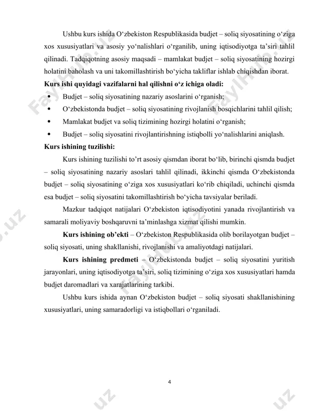 ‘liq. aslida byudjet siyosati tom ma’noda o‘z ichiga soliq siyosatini ham qamrab oladi. biroq amaliyotda ko‘pchilik hollarda, byudjet daromadlarini shakllantirishga qaratilgan siyosatni, odatda, soliq siyosati2 va byudjet xarajatlarini sarflashga qaratilgan siyosatni esa byudjet siyosati3, deb yuritiladi. shu ma’noda byudjet-soliq siyosatini shartli ravishda bir-biridan va nisbiy jihatdan mustaqil bo‘lgan byudjet va soliq siyosatlarining majmuyi sifatida ham e’tirof etish mumkin.[footnoteref:1] [1: byudjet-soliq siyosati: o‘quv qo‘llanma / t.s.malikov; o‘zr oliy va o‘rta maxsus ta’lim vazirligi. – t.: “iqtisodmoliya”, 2019. – 376 b] byudjet-soliq siyosati to‘g‘ri va oqilona yurgizilsa, bir so‘mlik mablag‘ni sarflab, ba’zi hollarda o‘n so‘mlik samarani kutsa bo‘ladi. aksincha bo‘lganda esa, milliard-milliard so‘mlik mablag‘lar samarasiz, “qumga suv singib ketgandek” g‘oyib bo‘lishi mumkin. to‘g‘ri va oqilona yurgizilayotgan byudjet-soliq siyosati (albatta, boshqa sharoitlar teng bo‘lgan taqdirda) ishlab chiqarishning rivojlanishiga, aholi turmush darajasining yaxshilanishiga, soliqqa tortish bazasining kengayishiga, mablag‘larning samarali sarflanishiga va h.k.larga olib kelsa, aksincha bo‘lganda esa, bu siyosat iqtisodiy taraqqiyotga to‘siq, xufyona iqtisodiyot …