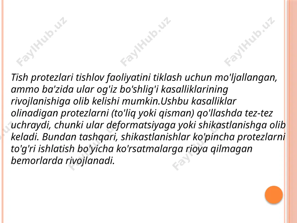 yoki oziq-ovqat qoldiqlarining to'planishi tufayli oq dog'lar bilan yoki oq dog'larsiz qizil, shishgan ko'rinadi. pastki protezlar ostida kamdan-kam hollarda jarohatlar paydo bo'ladi, chunki yuqori protez ostidagi salbiy bosim so'lakning kirishiga to'sqinlik qiladi, mikroorganizmlarning to'sqinliksiz ko'payishiga imkon beradi. bundan tashqari, protezning yaqinroq joylashishi tufayli protez yuzasidan ko'proq mikroorganizmlar shilliq qavatga kiradi. davolash: protezni tuzatish va og'iz gigienasiga rioya qilish. agar sabab candida albicans infektsiyasi bo'lsa, jarayonni antifungal dorilar bilan davolash kerak. tanglay so'rg'ichi giperplaziyasi ushbu kasallik protez stomatitining bir turi deb hisoblanishi mumkin va ko'p yillar davomida yomon o'rnatilgan protezlarni kiyganlarda rivojlanadi. tanglayda diametri 1-2 mm va undan ko'p bo'lgan bir nechta mayda shish, qizg'ish tuberkulyarlarni ko'rishingiz mumkin. bu tuberkullar bir-biri bilan birlashishi va qattiq tanglayning bir qismini yoki barchasini ta'sir qilishi mumkin. davolash: travmatik omilni bartaraf etish, shishlarni jarrohlik yo'li bilan olib tashlash. dekubital yoki travmatik og'iz yarasi noto'g'ri o'rnatilgan protezlar, ularning haddan tashqari harakatchanligi yoki ma'lum joylarga haddan tashqari …
