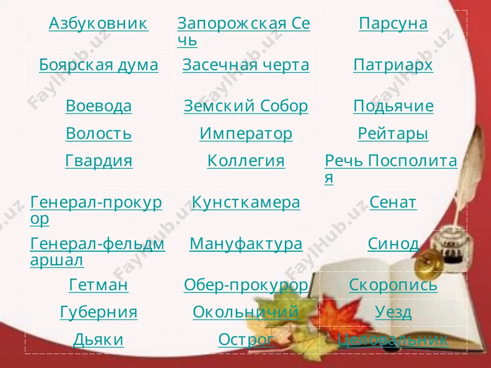 азовавшееся в результате унии (союза) королевства польского и великого княжества литовского. * сенат высший государственный орган, подчиненный императору. * синод высший государственный орган, ведавший делами русской православной церкви. * скоропись основной тип письма xvi – xviii вв. * стрельцы служилые люди, составлявшие постоянное войско; пехота, вооруженная огнестрельным оружием. * уезд административно-территориальная единица, состоял из волостей, тяготевших к какому – либо центру, с xviiiв. входил в состав губернии. * целовальник должностное лицо, избиравшееся из посадских людей или черносошных крестьян для выполнения различных финансовых и судебных обязанностей. *
