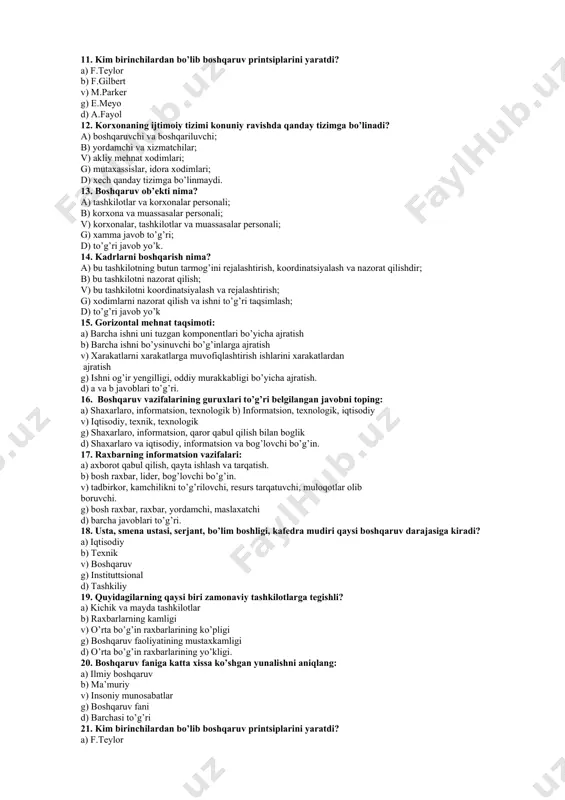 ash d) korxona faoliyatini bozor muhitiga moslashtirish faoliyatidir 5. biznes bu… a) tadbirkorlik b) foyda olish maksadida amalga oshiriladigan ishchan faoliyat v) daromad olish g) pul bilan boglik muomala d) yangilik yaratish 6. mehnat resurslarini boshqarish nima? a) bu chikimdagi mahsulot birligini kirimdagi mahsulot birligiga nisbati b) resurslarni rejalashtirish, xodimlarni tuplash, tanlov, ish xaki va imtiyozlarni aniqlash, korxonaga moslashtirish, o’qitish, baholash, mansabdan kutarish, tushirish, raxbar xodimlar tayyorlash. v) samaradorlik, ilgorlik, istikbollilik, kompelekslilik, tezkorlik, makbullik, oddiylik, ilmiylik, ko’p bo’g’inlilik, avtonomlilik, rejalilik, barqarorlik. g) rag’batlantirish, ma’lumotlanish, ishontirish, majburlash usuli. d) ma’lumotlar yangi bo’lishi, tezkorlik bilan uz vaqtida takdim etilishi, ya’ni kechikmasligi zarur. 7. firma ichidagi boshqaruvning muxim xususiyati qanday? a) personalga kompleks ta’sir ko’rsatishdan iborat; b) personalga yagona va kompleks ta’sir ko’rsatishdan; v) personalning faoliyatiga baho berish; g) firmani malakali va manfaatdor xodimlar bilan ta’minlash; d) to’g’ri javob yo’k. 8. korxona mahsulotining bozor xissasini oshirish bo’yicha qabul qilingan qaror qanday qarorga misol …