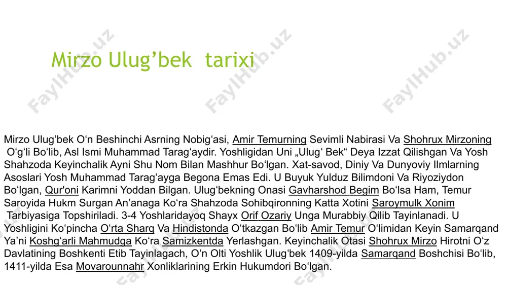 ar ham yozgan. alisher navoiyning „majolis un-nafois“ asarida uning sheʼrlaridan namunalar keltirilgan. olimdan bizga 4 ta asar meros qolgan: 1) „ziji jadidi koʻragoniy“ — astronomiyaga oid; 2) „bir daraja sinusini aniqlash haqida risola“ — matematikaga oid; 3) „risolayi ulug‘bek“ — yulduzlarga bag‘ishlangan; 4) „tarixi arba’ ulus“ (to‘rt ulus tarixi) — tarixga oid. mirzo ulug’bekning astronomiyaga faniga qo’shgan hissasi 437-yilda 994 yulduz toʻplamini "ziji sultoniy" asarida tartib berganki, u hozirgi paytda ham yulduzlar bilimi sohasida dunyoning eng buyuk asarlaridan biri sanaladi. ushbu asar 1665-yilda oxfordda thomas hyde tamonidan, 1843-yilda fransiya bailly tamonidan va 1917-yilda edward ball knobel tamonidan yangidan tahrirlanib bosilgan. ulugʻbek undan keyin bir yilni 365 kun, 5 soat, 49 daqiqa va 15 sonya deb belgilagan. ulug'bek ushbu hisobida faqatgina 25 soniya xato qilgan ekan. undan boshqa ulugʻbek yer yuzini oʻrtalik kajligini 23.52 daraja deb belgilagan va bu yuz yillar davomida eng toʻgʻri va aniq oʻlcham deb topilgan. mirzo ulug‘bekning …