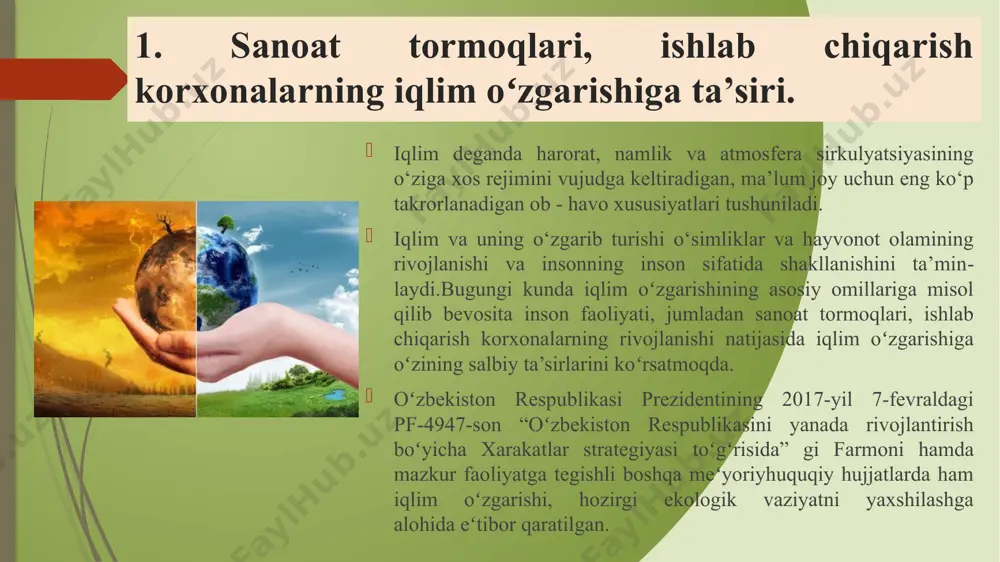 d chiqarilar ekan. shuning 74 foizi rivojlangan davlatlar hissasiga toʻgʻri keladi. olimlarning fikricha, oʻrmon yongʻinlari oqibatida atmosferaga chiqayotgan karbonad kislotasi sanoat chiqindilarining 50 foiziga teng ekan. havoga koʻtarilgan tutun atmosferaning yuqori qatlamida kuyindi zarralarini koʻpaytiradi. oqibatda, sayyoramizga quyoshdan kelayotgan issiqlik energiyasi qaytadan koinotga yoyilish oʻrniga, yerning oʻzida qolib, “bugʻxona hodisasi“ni keltirib chiqarmoqda. oʻzbekiston hududi boʻyicha iqlim monitoringi ma’lumotlari xx asr va xxi asr boshlarida isishning turgʻun tamoyilini koʻrsatmoqda, uning surʻati oʻn yillik uchun 0,2 c dan oshadi, bu shimoliy yarimshar boʻyicha isishning oʻrtacha surʻatidan 40 % ga ortiqdir. global isish mintaqadagi iqlimiy sharoitlarni murakkablashtirib, yozgi mavsumda - qurgʻoqchilik va jaziramani kuchaytirgan, qishki qahratonni esa uzaytirgan. orol boʻyida selsiy boʻyicha 40 daraja issiqdan ortiqni tashkil qilgan kunlar ikki baravarga oshgan. inson oʻz faoliyati bilan yer yuzidagi muzliklarga tuzatib boʻlmas zarar yetkazgan, deya aytilmoqda. ba’zi olimlar shimoliy qutb, arktikadagi muzliklar kelgusi 40-50 yil mobaynida butunlay erib ketib, ummon sathi 7 metrga qadar …
