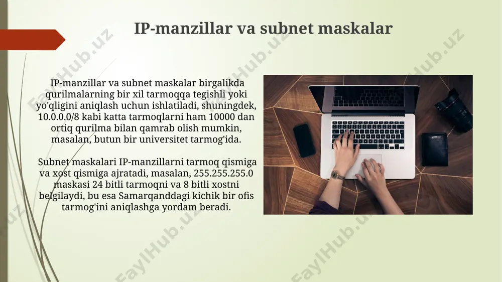eratsion tizimlari yordamida 100 dan ortiq qurilmani bitta tarmoqqa birlashtirish va ularning ishlashini 24/7 monitoring qilish mumkin, bu esa toshkentdagi yirik kompaniyalar uchun juda muhimdir. kabel turlari va ulanishlar ethernet kabeli, 10base-t standartiga muvofiq, 10 mbps tezlikda ma'lumot uzatishni ta'minlaydi va ko'pincha mahalliy tarmoqlarda, masalan, toshkentdagi ofis binolarida qo'llaniladi. koaksial kabel, rg-58 yoki rg-59 kabi turlari bilan, o'zining mustahkamligi tufayli 50 ohm impedansi bilan, avvalgi davrlarda keng tarqalgan edi, ammo hozirda kamroq qo'llaniladi, ayniqsa, aqshning qishloq joylarida. tarmoq protokollari tcp/ip protokoli, 4 qatlamli arxitekturaga ega boʻlib, dunyoning istalgan burchagidagi kompyuterlar oʻrtasida maʼlumot almashinuvini taʼminlaydi, masalan, aqshdagi serverdan oʻzbekistondagi mijozga 256 bitlik shifrlash bilan. ip protokolining ipv4 va ipv6 versiyalari mavjud boʻlib, ipv6 340 undecillion (2 128 ) dan ortiq manzilni qoʻllab-quvvatlaydi, bu esa dunyo aholisining oʻsishiga mos keladigan katta miqdor hisoblanadi. tarmoq topologiyalari avtobus topologiyasi barcha kompyuterlarni bitta kabel orqali bog'laydi, masalan, 5 ta kompyuter bitta koaksial kabel orqali ulangan …