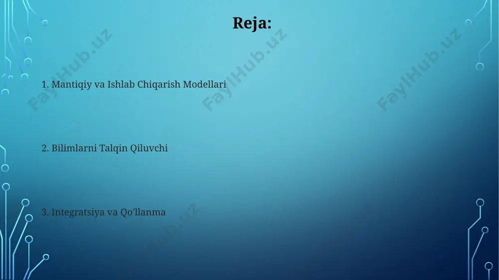 jakdagi tendentsiyalar va yangiliklar mashinani o'rgatish algoritmlarining rivojlanishi natijasida, ishlab chiqarish jarayonlarini avtomatlashtirish darajasi 2025 yilga kelib 30% ga oshishi kutilmoqda. yangilangan bilim interpretatorlari, semantik tahlilni qo'llab, matnli ma'lumotlarni 90% ga yaqin aniqlik bilan tushunish va umumlashtirish qobiliyatiga ega bo'ladi. xulosa va tavsiyalar tavsiya etilayotgan yangi tizim 3 yil ichida o'zini oqlaydi va yillik foydasi 200 000 so'mga etadi, bu esa investitsiyalarning tezkor qaytishini ta'minlaydi. ma'lumotlarni talqin qilish jarayonidagi 2 ta algoritmni solishtirish natijasida ikkinchisining samaradorligi 15% ga yuqori ekanligi aniqlandi, bu esa uning afzalligini ko'rsatadi. amaliy misollar: ishlab chiqarish modellarining qo'llanilishi 100 ta mahsulot namunalarini tekshirish orqali olingan ma'lumotlarga asoslangan regressiya modeli, mahsulot sifatini prognoz qilish aniqligiga 90% hissa qo'shdi. ishlab chiqarish jarayonlarini optimallashtirishda, masalan, 5 ta turli xil mahsulot ishlab chiqarish uchun 3 ta modelni qo'llash samaradorlikni 15% ga oshirdi. mantiqiy modellarning afzalliklari va kamchiliklari mantiqiy modellarning kamchiligi, ularning moslashuvchanligi pastligi va dinamik muhitga moslashish qiyinligi, masalan, kutilmagan …