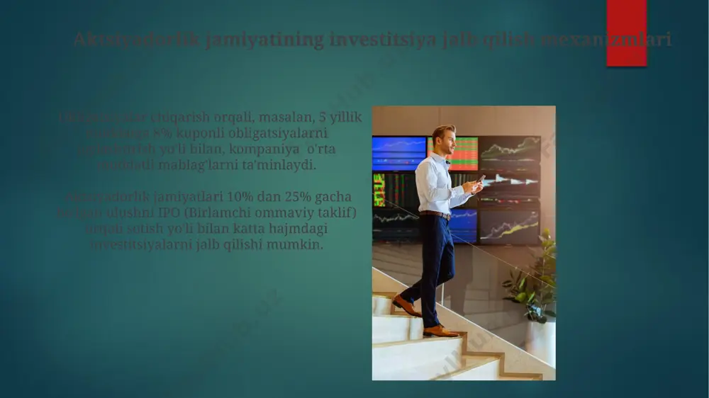 lik jamiyatlarining qimmatli qog'ozlari savdo qilindi, bu ularning moliyaviy shaffofligini oshirishga xizmat qiladi. aktsiyadorlik jamiyatining moliyaviy hisobotlari sof foyda, soliqdan keyin, 2023-yil uchun 2 milliard so'mni tashkil etib, aktsiyadorlarga dividendlar to'lash uchun yetarli mablag'ni ta'minladi, bu esa 1 aktsiyaga 100 so'mdan to'g'ri keladi. aktsiyadorlik jamiyatining moliyaviy hisobotlari, 31-dekabr holatiga ko'ra, aktivlarning umumiy qiymati 50 milliard so'mni tashkil etganini ko'rsatadi va bu o'tgan yilga nisbatan 15% o'sishni bildiradi. jahon amaliyotida aktsiyadorlik jamiyatlari jahon miqyosida 1000 dan ortiq yirik aktsiyadorlik jamiyatlari esg (environmental, social, and governance) prinsiplariga rioya qilishni o'z biznes strategiyasiga kiritgan. jahon amaliyotida yirik aktsiyadorlik jamiyatlarining 70% dan ortig'i rivojlangan mamlakatlarda joylashgan bo'lib, ularning umumiy bozor kapitalizatsiyasi global iqtisodiyotning 60% ni tashkil etadi. aktsiyadorlik jamiyatining kamchiliklari yirik aksiyadorlarning ta'siri natijasida menejmentning mustaqilligi cheklanishi mumkin, bu esa kompaniyaning uzoq muddatli strategik maqsadlariga salbiy ta'sir ko'rsatadi va 20% dan ortiq ulushga ega aksiyadorlarning manfaatlari ustun qo'yiladi. aktsiyalarni ochiq sotish bozorida yuqori darajada …