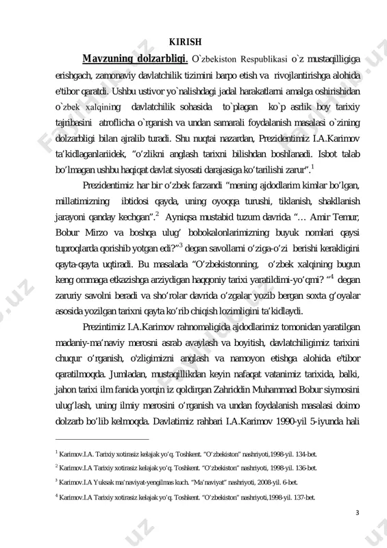 li hikoya qiladi, manzara chizadi, tabiatni, etnografik holatlarni tasvirlaydi, davrni, uning xususiyatlarini gavdalantiradi. shu sababdan asar faqat ilmiy –tarixiy ahamiyati bilan emas, balki o’zbek badiiy nasrining yorqin namunalaridan biri sifatida ham biz uchun qimmatlidir. shoir o’z xotiralarini badiiy naql uslubida sodda va ravon bayon etadi, o’nlab tarixiy shaxslarning aniq xarakterini yaratadi; tabiat manzaralarini suratini chizadi, kitobni har xil syujetlar, ishqiy sarguzashtlar, sheriy parchalar bilan bezaydi. tilga olingan shaxsning portreti kiyinishini, tashqi ko’rinishini, fel-atvorini, odatlarini, o’tmishini avlod-ajdodini birma-bir ta’rif etiladi. asardagi markaziy obraz boburning o’zi, albatta. uning his – tuyg’ulariga boy qalbi ko’z oldimizda yorqin jonlanadi. ingliz tarixchisi elfiniston “ boburnoma” va uning muallifi haqida “uning his tuyg’ulari har qanday mubolag’adan yoki pardalashdan holi, uslubi oddiy mardona, shu bilan birga jonli 5 karimov.i.a.o’zbekiston mustaqillikka erishish ostonasida. toshkent.2011-yil. 217-bet. 5 va ifodali. o’z zamondoshlari biografiyasini, ularning qiyofalari, urf-odati, intilishlari, qiziqish va qiliqlarini ko’zguda aks etgandek ravshan tasvirlaydi. zahiriddin muhammad bobur hindistonni zabt …