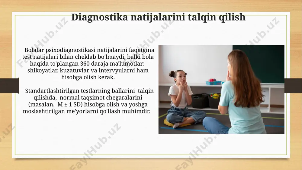 da bolaning muammolarni yechish qobiliyati, mantiqiy fikrlash darajasi, protsessual xotirasi va vizuospatial qobiliyatlari kabi ko'rsatkichlarni aniqlash mumkin. ijtimoiy-shaxsiy rivojlanishni baholash bolalarning ijtimoiy moslashuvchanligini baholashda, ularning 5ta asosiy ijtimoiy ko'nikmalarini – hamkorlik, muloqot, empatiya, muammo yechish va o'z-o'zini boshqarish ko'nikmalarini baholovchi shkalalar qo'llanilishi maqsadga muvofiqdir. ijtimoiy-shaxsiy rivojlanishni baholashda 3-5 yoshli bolalarning o'z tengdoshlari bilan o'zaro munosabatlarini kuzatish orqali proaktiv yoki reaktiv xulq-atvor turlarini aniqlash muhimdir. e'tiboringiz uchun rahmat @taqdimot_robot image7.jpg image8.jpg image9.jpg image10.jpg image11.jpg image12.jpg image13.jpg image14.jpg image15.jpg image16.jpg image17.jpg image18.jpg image19.jpg image20.jpg image3.png image4.png