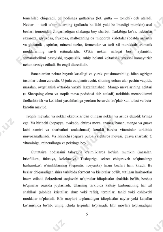 s, banan, mango va guava kabi xamiri va sharbatlari aralashmasi) kerakli barcha vitaminlar tarkibida muvozanatlanadi. va ikkinchi (papaya pulpa va ehtiros mevasi, guava sharbati) c vitaminiga, minerallarga va pektinga boy. guttatsiya hodisasini talaygina o'simliklarda ko'rish mumkin (masalan, briofillum, fuktsiya, kolokaziya. tashqariga sekret chiqaruvch to'qimalarga hasharotxo'r o'simliklarning (nepentis, rosyanka) hazm bezlari ham kiradi. bu bezlar chiqaradigan shira tarkibida ferment va kislotalar bo'lib, tutilgan hasharotlar hazm etiladi. sekretlarni saqlovchi to'qimalar idioplastlar shaklida bo'lib, boshqa to'qimalar orasida joylashadi. ularning tarkibida kaltsiy karbonatning har xil shakllari (alohida kristallar, druz yoki rafid), terpinlar, tanid yoki oshlovchi moddalar to'planadi. efir moylari to'planadigan idioplastlar naylar yoki kanallar ko'rinishida bo'lib, uning ichida terpinlar to'planadi. efir moylari to'planadigan idioplastlar magnoliyaguldoshlar, lavrguldoshlar, karnayguldoshlar oilalariga xos xususiyatlaridan hisoblanadi .(1-rasm) sekretlarni saqlovchi to'qimalar, asosan, barglarda naylar yoki kanallar shaklida bo'ladi. ular sxizogen yoki lizigen yo'l bilan yuzaga keladi. sxizogen (yunon. sxidz o — ajratmoq, genos — chiqib kelish) naylar yoki kanallar, zich …