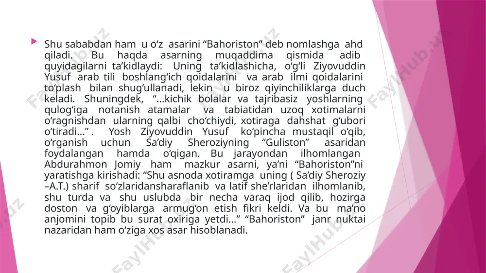 day razolat adib bu kabi pand-nasihat borasidagi fikrlarini bayon etishda rang-barang badiiy talqinlardan foydalanadi. jumladan, asarning sakkizchi ravzasida pand-nasihat berishda masal janridagi asarlarga murojaat qilgan. masal janrining tabatiga, uning tag zamirida yashiringan pand nasihat hamda o‘gitlardan ustalik bilan foydalishga harakat qiladi. shuningdek, asarda pand-nasihat berishning yana bir usuli, ibrat tushunchasidan, yosh avlodga ibrat qilib ko‘rsatish usulidan ham unumli foydalanishga harakat qilganligini ham ko‘rish mumkin. asarning 7 –ravzasi “she’r va shoirlik bobida”- deb nomlanadi. bob yuzaki qaraganda tazkira janriga yaqin turadi. adib bobda o‘zi va o‘zidan oldin yashab o‘tganjami 22 adib haqida hikoya qilinadi. qalamga olingan adiblar orasida fors –tojik adabiyotining yirik vakilaridan abu hasan ro‘dakiydan boshlab, shayx sa’diy, hofiz sherziy, abulqosim firdavsiy, nosir xisrav,xisrav dehlaviy, nizomiy ganjaviy kabi mashhur adiblardan tashqari, mazkur tilda ijod qilgan alisher navoiy, nomlari unchalik mashhur bo‘lmagan orif harafiy, salmon savajiy, adib sobir termiziy, farruxiy, anvariy, unsuriy kabilar haqida ham atroflicha ma’lumotlar berilgan. shu o‘rinda adibning …