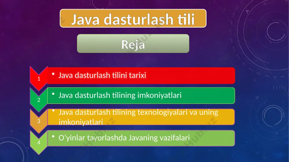 mo’ljallangan, taqsimlangan o’rganinsga oson bo’lishi kerak mustahkam va xavfsiz bo’lishi kerak qaysidir qurilma platformasidan yoki uning arxitekturasidan mustaqil bo’lsin( ya’ni qaysidir platformaga tobe bo’lmasin yaratilgan) juda samarali bo’lsin dasturlash tili uchun tarjimon (interpreter ) yozish mumkin bo’lsin. shuningdek, dasturlash tili parallel ishlashni dinamik tiplashda foydalnishni taminlay olishi kerak java quyidagi besh maqsad uchun qurilgan, u shunday til bo’lishi kerakki: java dasturida qanday dasturlar tayyorlanadi??? standalone applications - linux , mac yoki windowsga o`rnatib kundalik ishlatiladigan ishlatiladigan dasturimiz mp3 player, office antivirus kabilar. web applications - tarmoq orqali ishlovchi ixtiyoriy dasturlar. web dasturlar ikki qismdan iborat, server tomonidan hamda klent tomonidan iborat. enterprise applications – bu dastur yirik salmoqqa ega bo’lib odatda kata jabhalarda ishlatiladi. banklar tashkilotlar yoki astranomiya sohalarida ishlatiladi. mobile applications - mobil qurilmalarga mos dasturni ham javada yozish mumkin. androiddan boshlab java me gacha. java qayerlarda foydalaniladi??? web dasturlar uchun robotlarda o`yinlar uchun “sun” firmasining ma’lumotlariga qaraganda 3 …