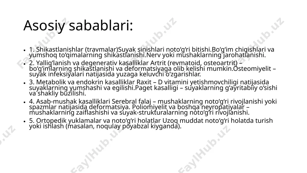 ratsiyalarida aniq hisob-kitob va yo‘nalish berish uchun ishlatiladi. robotlashtirilgan bo‘g‘im almashtirish (mako surgery, rosa knee system) – tizza va kestirib bo‘g‘imlarini almashtirishda ishlatiladigan ilg‘or texnologiyalar. 3. biotexnologiyalar va regenerativ terapiya stromal hujayra terapiyasi (stem cell therapy) – shikastlangan suyak va bo‘g‘im hujayralarini qayta tiklash uchun bemorning o‘z hujayralari ishlatiladi. prp (plazma boyitilgan trombotsit terapiyasi) – bemorning qon plazmasi bo‘g‘im va suyak hujayralarining tiklanishini tezlashtirish uchun ishlatiladi. gen terapiyasi va biopolimer implantlar – degenerativ kasalliklar natijasida shikastlangan bo‘g‘imlarni qayta tiklash uchun yangi usullar sinovdan o‘tkazilmoqda. image1.png image2.png image3.png image4.png image5.png image6.png image7.png image8.png image9.png image10.png image11.png image12.png image13.png image14.png image15.png /docprops/thumbnail.jpeg