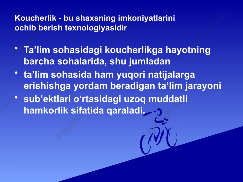 k; 2) potentsialni ochish; 3) natija. koucher (maslahatchi) yechimlar uchun ijodiy izlanishni rag‘batlantiradi va maqsadlarga erishish va o‘zgarishlarni amalga oshirish uchun tarbiyachilarning qat’iyatliligini qo‘llab-quvvatlaydi ularning kasbiy faoliyatida motivatsiya beradi. boshqacha aytganda, koucherlik jarayonida tarbiyachilar maqsadga erishishning o‘ziga xos yo‘lini topadilar va murabbiy yaratadi; ijodiy muhit, muqobillarni topish uchun maxsus maydon(atmosfera) yaratadi; ishonch, bu yerda tarbiyachi o‘z g‘oyalari va takliflari befarq qolmasligini his qiladi. kouching bir necha bosqichlardan o‘tadi: 1-bosqich - koucher va tarbiyachi o‘rtasida hamkorlikni o‘rnatish; 2-bosqich - aniq maqsadga erishish uchun vazifalarni birgalikda belgilash; 3-bosqich - mavjud muammoni (vaziyatni) o‘rganish; 4-bosqich - natijaga erishish yo‘lidagi ichki va tashqi to‘siqlarni aniqlash; 5-bosqich - qiyinchiliklarni engish imkoniyatlarini ishlab chiqish va tahlil qilish muammoni hal qilish; 6-bosqich - harakatning aniq variantini tanlash va harakatlar rejasini tuzish; 7-bosqich - ma’lum bir sanaga qadar nima qilish kerakligi to‘g‘risida kelishuv kouching texnologiyasining asosiy xususiyatlari: - davri (haftada 1-2 marta, koucherlik mashg‘ulotlarining davomiyligi o‘rtacha 30 dan …