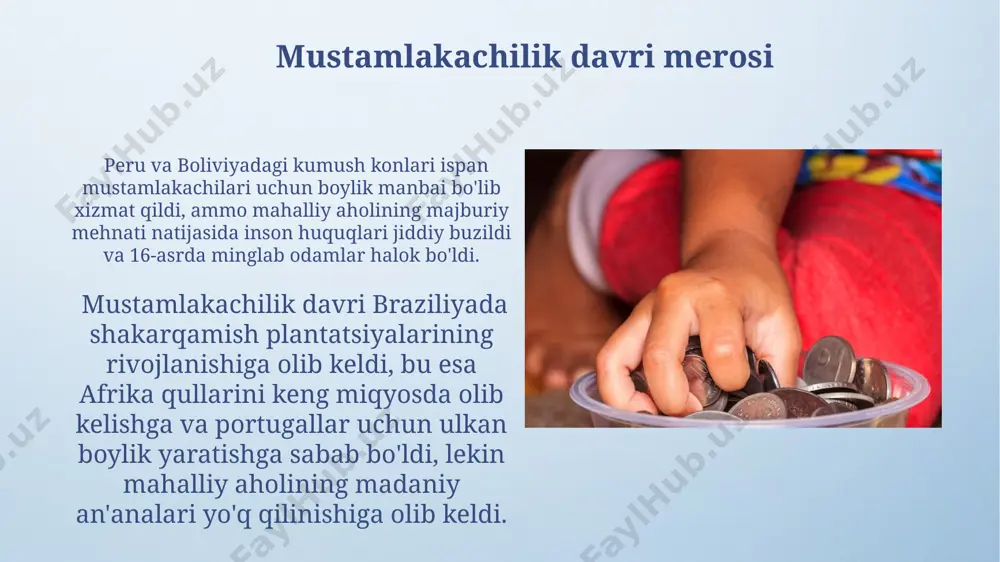 yasi merosi bilan boy va xilma-xil boʻlib, zamonaviy sanʼat va hunarmandchilikda ham oʻz ifodasini topgan. turizmning iqtisodiy ta'siri braziliyaning rio-de-janeyro shahridagi karnaval kabi yirik tadbirlar yillik 2 milliard dollardan ortiq daromad keltiradi va minglab kichik bizneslarning rivojlanishiga hissa qo'shadi. janubiy amerikada, xususan, peru va kolumbiya kabi mamlakatlarda turizm yalpi ichki mahsulotning 10% dan ortig'ini tashkil etadi va millionlab odamlarga ish o'rinlari yaratadi. iqtisodiyotning asosiy tarmoqlari janubiy amerikada 2021-yilda qishloq xo'jaligi yalpi ichki mahsulotning 5% dan ortiq qismini tashkil etdi, asosan braziliya, argentina va chili kabi mamlakatlarda soya, kofe va bug'doy yetishtirish hisobiga. peru va boliviya kabi and tog'lari hududlarida 2022-yil ma'lumotlariga ko'ra, konchilik sanoati yalpi ichki mahsulotning 10% dan ortig'ini tashkil etdi, mis, oltin va kumush qazib olish asosiy rol o'ynadi. and mintaqasi geografik xususiyatlari amazon oʻrmoni janubiy amerikaning 40% dan ortiq qismini egallaydi va dunyodagi eng katta tropik oʻrmon hisoblanadi, bu esa mintaqaning biologik xilma-xilligini va iqtisodiy imkoniyatlarini belgilaydi. …