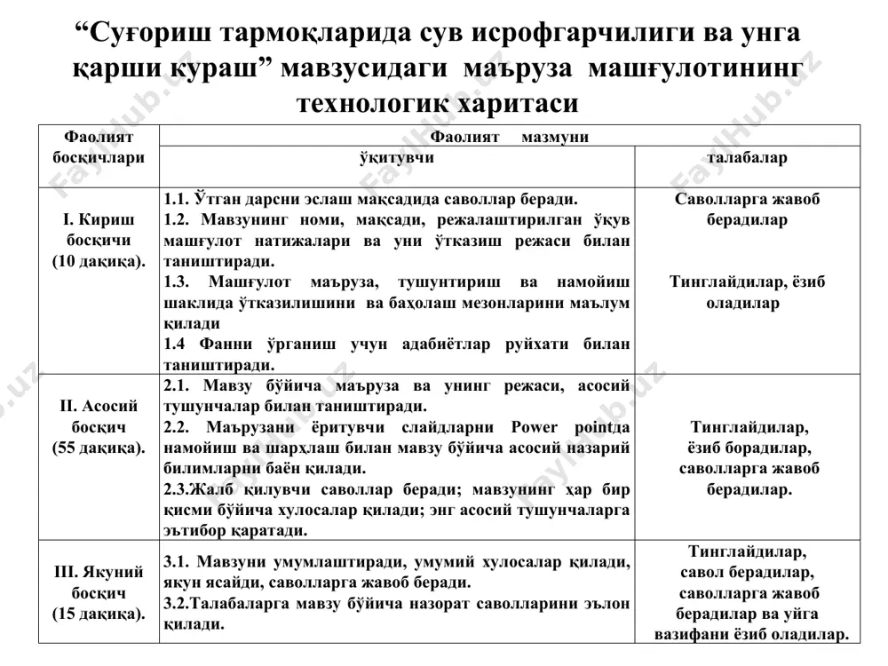 ади. қурилиш тадбирлар механик тадбирлар суъний лойқа чўктиришдаги тадқиқот маълумотларига асосан (а.н.патрашев тавсияси) бўлишлиги тавсия этилади: d/d>0,15-0,2 бу ерда d - кольматация қилинадиган тупроқ заррачасини ўлчами; d - кольматация қиладиган (сувдаги лойқа) тупроқ заррачасини ўлчами; қумоқ тупроқли кольматация қилинадиган юзани 1 м2 га 5-10 кг гил берилади. кольматация қилинадиган канални узунлиги 0,1-1 км орасида бўлади. кольматация даврида каналдаги сув тезлиги 0,05-0,20 м/с, каналдан фойдаланиш даврида эса ундаги сув оқим тезлиги 0,6 - 0,7 м/с дан ошмаслиги тавсия этилади. кимёвий тадбирлар тузлашда ўзанга қуруқ ёки туз эритмаси (nacl, 3-5 кг/м2 ) сепилиб, устига 3-5 см қалинликда тупроқ тўшалади. бу тадбир 3-5 йил хизмат қилади ва 60-70 % га сув исрофгарчилигини камайтирилади. нефтлашда 15-20 кг/м2 миқдорда 1200 қиздирилган нефт ўзанга сепилади. бу тадбир 5-6 йил давомида 70-80 % сув исрофини камайтиради. эмульсия – инъекция: гил+полиакрил суюқлигини 0,5 м тупроқ қатламига махсус игна ёрдамида пуркаш натижасида ҳимоя экранини ҳосил қилинади. бу тадбир 10-12 …