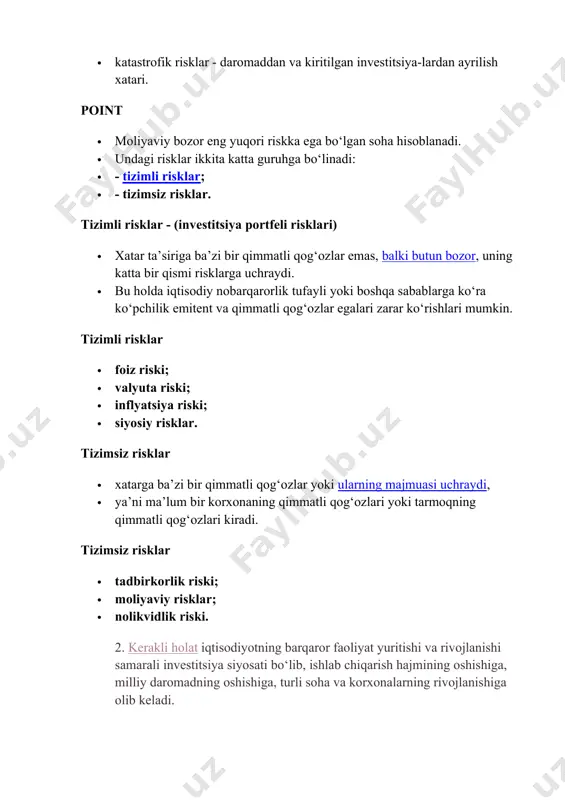 kutilgan foydadan ayrilish mumkin; · kritik risklar - loyiha pul tushumlaridan ayrilish xatari; · katastrofik risklar - daromaddan va kiritilgan investitsiya-lardan ayrilish xatari. point · moliyaviy bozor eng yuqori riskka ega bo‘lgan soha hisoblanadi. · undagi risklar ikkita katta guruhga bo‘linadi: · - tizimli risklar; · - tizimsiz risklar. tizimli risklar - (investitsiya portfeli risklari) · xatar ta’siriga ba’zi bir qimmatli qog‘ozlar emas, balki butun bozor, uning katta bir qismi risklarga uchraydi. · bu holda iqtisodiy nobarqarorlik tufayli yoki boshqa sabablarga ko‘ra ko‘pchilik emitent va qimmatli qog‘ozlar egalari zarar ko‘rishlari mumkin. tizimli risklar · foiz riski; · valyuta riski; · inflyatsiya riski; · siyosiy risklar. tizimsiz risklar · xatarga ba’zi bir qimmatli qog‘ozlar yoki ularning majmuasi uchraydi, · ya’ni ma’lum bir korxonaning qimmatli qog‘ozlari yoki tarmoqning qimmatli qog‘ozlari kiradi. tizimsiz risklar · tadbirkorlik riski; · moliyaviy risklar; · nolikvidlik riski. 2. kerakli holat iqtisodiyotning barqaror faoliyat yuritishi va rivojlanishi samarali …