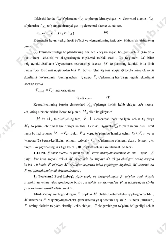 chiqadi .(5) ketma-ketlikning elementlaridan iborat to`plamni bilan belgilaymiz . va to`plamlarning farqi elementdan iborat bo`lgani uchun nuqta to`plam uchun ham limit nuqta bo`ladi . demak , nuqtato`plam uchun ham limit nuqta bo`ladi ,chunki .lekin yopiq to`plam bo`lganligi uchun , ya`ni nuqta (2) ketma-ketlikdan olingan ixtiyoriy to`plamning elementi ekan , demak ,nuqta , ko`paytmaning ta`rifiga ko`ra , to`plam uchun xam element bo`ladi . 1-ta`rif. biror nuqtali to`plam va biror oraliqlar sistemasi bo`lsin . agar ning har bitta nuqtasi uchun sistemada bu nuqtani o`z ichiga oladigan oraliq mavjud bo`lsa , u holda to`plam oraliqlar sistemasi bilan qoplangan deyiladi; sistema esa nto`plamni qoplovchi sistema deyiladi . 11-teorema.( borel-lebeg). agar yopiq va chegaralangan to`plam soni cheksiz oraliqlar sistemasi bilan qoplangan bo`lsa , u holda bu sistemadan ni qoplaydigan chekli qism sistemani ajratib olish mumkin . isbot. yopiq va chegaralangan to`plam cheksiz sistema bilan qoplangan bo`lib , , sistemada ni qoplaydigan chekli qism sistema yo`q …