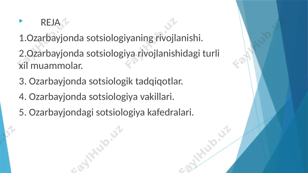 ’tdi. mustaqillikdan so’ng, ozarbayjonda sotsiologiya ancha erkinlashdi va ilmiy tadqiqotlar siyosiy va iqtisodiy erkinlikka asoslangan holda amalga oshirildi. bu davrda sotsiologlar ijtimoiy o’zgarishlar, milliy identitet, demokratik jarayonlar va iqtisodiy rivojlanish masalalariga alohida e’tibor qaratdilar. 4. bugungi kunda! hozirgi kunda ozarbayjonda sotsiologiya rivojlanib, ijtimoiy va madaniy masalalarni chuqur o’rganishga intilmoqda. ozarbayjon davlat universitetlari va ilmiyinstitutlari sotsiologiya bo’yicha yangi tadqiqotlar olib bormoqda, shu bilan birga, xalqaro ilmiy aloqalar ham rivojlanmoqda. ozarbayjonning zamonaviy sotsiologlari, shuningdek, tarnsmilliy va global muammolarni o’rganishga, shunungdek, iqtisodiy va ijtimoiy tengsizlikni, jamiyatning turli qatlamlarini, o’zgarish va ijtimoiy adolat masalalarini tahlil qilishga qaratilgan tadqiqotlar o’tkazilmoqda. ozarbayjonda sotsiologiya rivojlanishidagi turli xil muammolar 1.ijtimoiy strafikatsiya va tengsizlik: ozarbayjonda ijtimoiy qatlamlashish va iqtisodiy tengsizlik masalari dolzarb hisoblanadi. aholining turli guruhlari, shu jumladan shaharliklar va qishloq aholisi, yuqori va past daromadli qatlamlar o’rtasida farqlar mavjud. bu stratifikatsiya ijtimoiy barqarorlikka salbiy ta’sir ko’rsatishi mumkin. 2. milliy identiet va etnik munosabatlat: ozarbayjon ko’p millatli jamiyat bo’lib, …