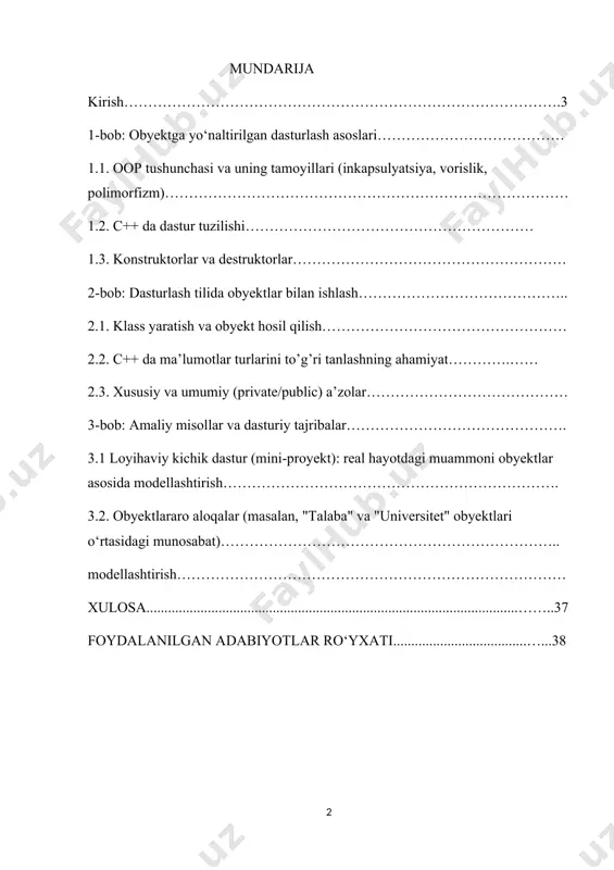 hdan iborat. agar ushbu matn sizning kurs ishiga mos bo‘lsa, davomiga ham yordam bera olaman. kurs ishi vazifalari:1. obyektga yo‘naltirilgan dasturlashning asosiy tushunchalarini o‘rganish; 2. ko‘p darajali meros va ko‘p meros turlarini tahlil qilish; 3. har bir meros turi uchun dasturiy misollar tuzish va ularni tahlil qilish; 4. meros mexanizmlaridan foydalanishda uchraydigan muammolar va ularning yechimlarini ko‘rsatish; 5. olingan bilimlarni amaliy dasturlarda qo‘llash. kurs ishi ob’yekti:c++ dasturlash tilida yaratiladigan obyektlararo aloqalarni ifodalovchi sinflar (klasslar) va ularning meros olish strukturasi. kurs ishi predmeti: dasturlashda obyektga yo‘naltirilgan yondashuv, xususan, ko‘p va ko‘p darajali meros mexanizmlarining nazariy va amaliy asoslari. kurs ishi tuzilishi va hajmi: kirish, asosiy qism, umumiy xulosa, foydalanilgan adabiyotlar ro‘yxatidan iborat 1-bob obyektga yo‘naltirilgan dasturlash asoslari 1.1. oop tushunchasi va uning tamoyillari (inkapsulyatsiya, vorislik, polimorfizm) obyektga yo'naltirilgan dasturlash (object-oriented programming, oop) – bu dasturlash paradigmasi bo'lib, unda dasturni tashkil etish va ishlashda obyektlar va sinflardan foydalaniladi. oop’ning asosiy tamoyillari quyidagilar: …
