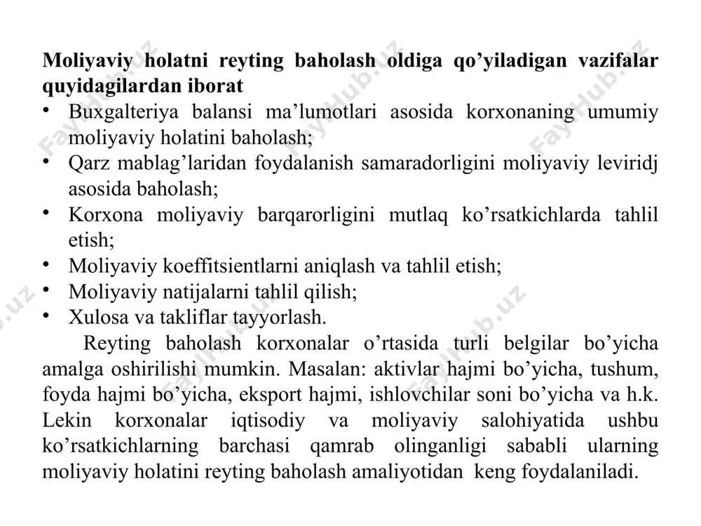 gan xodimlarning 5 yillik mehnat stajiga ega bo‘lganlari soni 15. mehnatni muhofaza qilish bo‘yicha malaka oshirgan xodimlar soni 16. mehnatni muhofaza qilish bo‘yicha malaka sertifikatiga ega bo‘lgan xodimlar soni 17. malaka oshirgan xodimlar soni qurilish-pudrat tashkilotlari reytingini aniqlash mezonlari 18. moliyaviy ko‘rsatkichlari umumiy mezon yalpi tushum 19. samaradorlik rahbar xodimlarning o‘rtacha ish haqi 20. ishlab chiqarish xodimlarining o‘rtacha ish haqi 21. likvidlik tez likvidlik koeffitsiyenti 22. to‘lov layoqati aktivlar o‘sishi 23. foyda solig‘i to‘langunga qadar bo‘lgan foyda 24. foyda solig‘i to‘langunga qadar bo‘lgan zarar 25. soliqdan qarzi 26. moliyaviy vositalar koeffitsiyenti 27. moliyaviy qaramlilik koeffitsiyenti 28. uzoq muddatli bank krediti olganligi 29. pudratchilar va vositachilardan qarzdorligi 30. uzoq muddatli qarzi 31. rentabellik rentabellik darajasi 32. mavjudlik mhxs buxgalteriya hisobotiga joriy etilgani 33. raqobatbardoshligi xalqaro tendyerlar xalqaro tendyerlardagi ishtiroki 34. yutganlari 35. mahalliy tendyerlar mahalliy tendyerlardagi ishtiroki 36. yutganlari 37. mustaqil nazorat iso 9001 sertifikatga egaligi 38. iso 45001 sertifikatga egaligi …