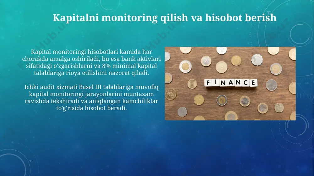 lashtirish, reinvestitsiya qilish koeffitsientini 25-30% darajada saqlash orqali kapital bazasini mustahkamlash kerak. kapitalni rejalashtirishda 3-5 yillik prognozlar asosida asosiy vositalarga investitsiyalarni aniqlash, amortizatsiya siyosatini hisobga olgan holda, moliyalashtirish manbalarini baholash muhim. kapitalni boshqarishning ahamiyati kapitalni boshqarish kreditlash imkoniyatlarini optimallashtiradi, chunki yuqori kapital ko'rsatkichlari bankka ko'proq kredit berishga imkon beradi, bu esa iqtisodiy o'sishni rag'batlantiradi va foiz stavkalarini kamaytiradi. kapitalning adekvatligini boshqarish banklarga basel iii kabi xalqaro standartlarga muvofiq kelishga yordam beradi, bu esa global moliyaviy tizimda ishonchni oshiradi va tartibga solish xarajatlarini kamaytiradi. xulosa kelajakda kapitalni boshqarish texnologiyalarini integratsiya qilish orqali, xarajatlarni 15% kamaytirish va qaror qabul qilish tezligini 20% oshirish mumkin. xulosa, kapital yetarliligini boshqarish bankning barqarorligini ta'minlash va kutilmagan yo'qotishlarni qoplash uchun muhimdir, 8% minimal talabni hisobga olgan holda. kapitalni boshqarish siyosati ushbu siyosat stress-test senariylarini o'z ichiga oladi, bunda kapitalning yetarliligi turli xil iqtisodiy sharoitlarda (masalan, defoltning keskin oshishi) sinovdan o'tkaziladi. siyosat aktivlarni risk darajasiga qarab baholashni …