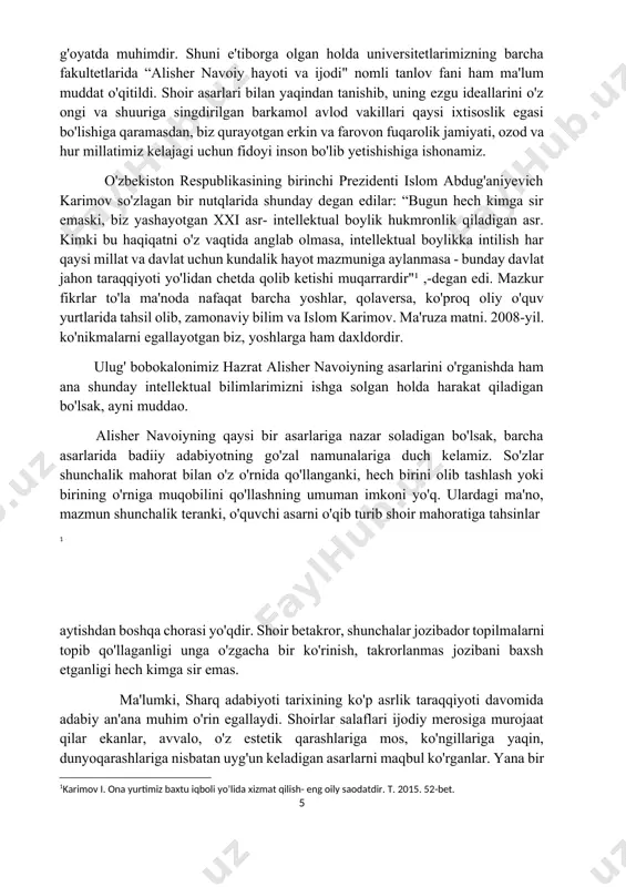 nalariga duch kelamiz. so'zlar shunchalik mahorat bilan o'z o'rnida qo'llanganki, hech birini olib tashlash yoki birining o'rniga muqobilini qo'llashning umuman imkoni yo'q. ulardagi ma'no, mazmun shunchalik teranki, o'quvchi asarni o'qib turib shoir mahoratiga tahsinlar [footnoteref:3] [3: karimov i. ona yurtimiz baxtu iqboli yo’lida xizmat qilish- eng oily saodatdir. t. 2015. 52-bet. ] aytishdan boshqa chorasi yo'qdir. shoir betakror, shunchalar jozibador topilmalarni topib qo'llaganligi unga o'zgacha bir ko'rinish, takrorlanmas jozibani baxsh etganligi hech kimga sir emas. ma'lumki, sharq adabiyoti tarixining ko'p asrlik taraqqiyoti davomida adabiy an'ana muhim o'rin egallaydi. shoirlar salaflari ijodiy merosiga murojaat qilar ekanlar, avvalo, o'z estetik qarashlariga mos, ko'ngillariga yaqin, dunyoqarashlariga nisbatan uyg'un keladigan asarlarni maqbul ko'rganlar. yana bir tomoni, o'rta asrlar estetikasi me'yoriy xarakterda bo'lib, mavzular ko'lami hamda janrlar tabiati avvaldan belgilangan qoidalar asosida voqe bo'lgan va bu holat o'sha davr kishilarining mental dunyoqarashi bilan izohlanadi. alisher navoiy ijodi sharq adabiyotining boy adabiy an'analari zaminida maydonga keldi …