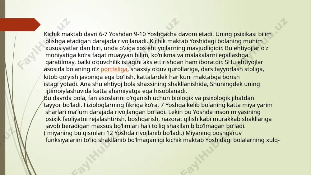hini talab etgan holda, bola xulq-atvorining rivojlanishi uchun yangi sharoitlarni yaratadi. kichik maktab davri bu anglanilgan va ixtiyoriy xatti-harakatlarga o‘tish davridir. bola faol ravishda o‘zini o‘zi boshqarishga, qo‘yilgan maqsadlarga ko‘ra o‘zining faoliyatini tashkil etishga o‘rganish davridir. kichik maktab davrida xatti-harakatlarning yangi shakllarini paydo bo‘lishi bevosita o‘quv faoliyati bilan bog‘liqdir. hech bir o‘qituvchi maktabga birinchi bor kelgan boladan o‘zi o‘rgatmagan arifmetik misol va masalalarni echishni talab etmaydi, lekin afsuski, juda ko‘p o‘qituvchilar ulardan qunt bilan o‘qishni, uyushqoqlikni, ma’suliyatlilikni, tartibga aniq rioya etishni talab etadilar. vaholanki, ushbu ko‘nikmalar o‘qituvchi tomonidan ma’lum odat va malakalarga o‘rgatilinganidan so‘nggina paydo bo‘ladi. kiev,1971, s.179-182.). yuqorida ko‘rsatib o‘tilganlar kichik maktab davridagi o‘quvchilarning motivatsion sohasi o‘zgarib borishini, maktabgacha davrda bo‘lgan umumiy bilish va motivlarning ijtimoiy yo‘nalganligi aniqlashib, “o‘quvchi mavqei”ni egallashiga, ya’ni maktabga borishga intilish, bu pozitsiya qondirilganidan so‘ng esa yangi munosabatlarning – o‘quv motivlari va bir qadar murakkab shaklda bo‘lgan ijtimoiy motivlarning yuzaga kelishidan dalolat beradi. kichik maktab …