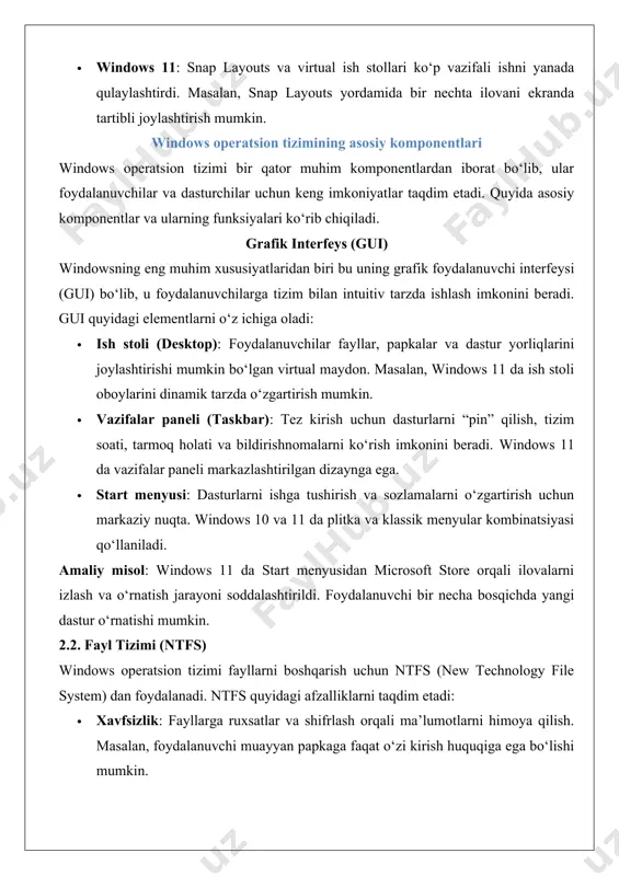 hda yangi dastur o‘rnatishi mumkin. 2.2. fayl tizimi (ntfs) windows operatsion tizimi fayllarni boshqarish uchun ntfs (new technology file system) dan foydalanadi. ntfs quyidagi afzalliklarni taqdim etadi: · xavfsizlik: fayllarga ruxsatlar va shifrlash orqali ma’lumotlarni himoya qilish. masalan, foydalanuvchi muayyan papkaga faqat o‘zi kirish huquqiga ega bo‘lishi mumkin. · katta hajmdagi fayllarni qo‘llab-quvvatlash: ntfs 16 eb (exabayt) gacha bo‘lgan fayllarni boshqarishi mumkin. · jurnalizatsiya: tizim nosozliklarida ma’lumotlarni tiklash imkonini beradi. amaliy misol: ntfs yordamida foydalanuvchi katta hajmdagi video fayllarni shifrlashi va ularga faqat maxsus parol bilan kirishni sozlashi mumkin. 2.3. task manager task manager tizim resurslarini monitoring qilish va boshqarish uchun muhim vositadir. u quyidagi funksiyalarni taqdim etadi: · jarayonlarni boshqarish: faol dasturlarni ko‘rish va agar dastur javob bermasligi holatida uni yopish. masalan, “ctrl+shift+esc” orqali task manager ochilib, resurslarni ko‘p sarflayotgan dastur yopilishi mumkin. · ishlash monitoringi: cpu, xotira va diskdan foydalanishni real vaqt rejimida ko‘rish. · ishga tushish dasturlari: …
