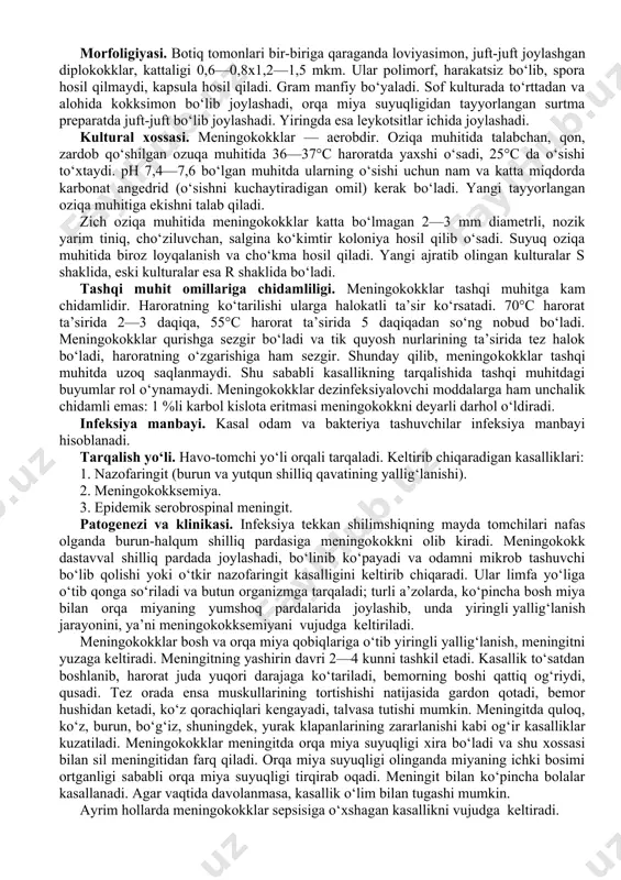roteini aniqlanadi. streptokokklar odamlarda turli xil o‘tkir va surunkali o‘tadigan, yiring hosil qilmaydigan, klinik belgilar va patogenezi bo‘yicha farqlanadigan infeksiyalarni keltirib chiqaradi. yiring hosil qiladigan infeksiyalardan — flegmona, abssesslar, jarohat infeksiyalari, streptodermiya, sepsis angina va boshqalar, yiring hosil qilmaydigan yuqori nafas yo‘lining o‘tkir infeksiyasi, skarlatina, revmatizm, saramas va boshqa kasalliklarni keltirib chiqaradi. streptokokklar ko‘pincha ikkilamchi infeksiyalarni griрp, qizamiq, ko‘k yo‘tal va boshqa kasalliklarni keltirib chiqaradi va jarohatni bitishini qiyinlashtiradi. profilaktikasi. maxsus profilaktikasi ishlab chiqilmagan. umumiy profilaktikasida sanitariya-gigiyena tadbirlarini olib borish, organizmning umumiy chidamliligini mustahkamlashdan iborat. davosi. antibiotiklardan foydalaniladi. ko‘pincha penitsillin qo‘llaniladi, chunki streptokokklar unga chidamsiz. shuningdek, eritromitsin va tetratsiklinlardan ham foydalaniladi. pnevmokokklar (streptococcus pnevmoniae) pnevmokokklarni birinchi bo‘lib r. kox (1871) aniqlagan. morfologiyasi. pnevmokokklar — tomonlari bir-biriga qaraganda diрlokokklardir, qarama-qarshi tomonlari cho‘zilgan va sham alangasini eslatadi. 0,75—0,5 x 0,5—1 mkm kattalikda, juft-juft bo‘lib joylashgan. suyuq ozuqa muhitidan tayyorlangan surtma preparatda ular streptokokklarga o‘xshash qisqa zanjirsimon bo‘lib joylashgan. ular harakatsiz, spora hosil …