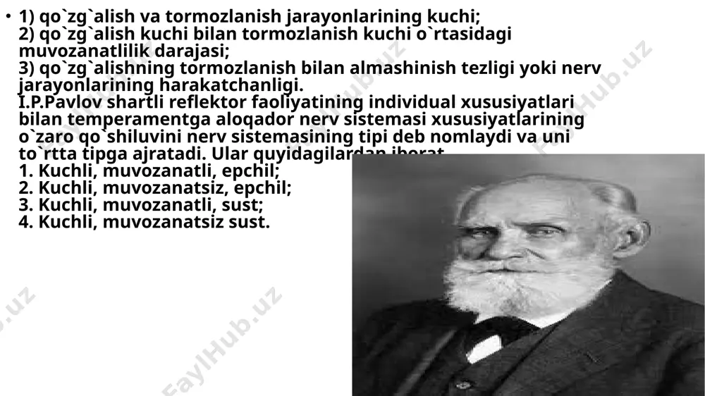 o`zgarishlarning qotishmasi-fenotip xarakteridir. dinamik stereotip shaxsdagi mustahkam odat bo`lib qolgan xususiyatlarning, jumladan, xarakter xislatlarining ham nerv-fiziologik asosidir. xarakterning nerv-fiziologik asosini tushunish uchun i.p.pavlovning ikkinchi signal tizimi haqidagi ta`limoti katta ahamiyatga egadir. ikkinchi signal tizimi nutq va tafakkurning fiziologik asosi bo`lish bilan birga, kishi xulqini ham idora qiladi. xarakterning fiziologik asosi xarakterning mazmunini tashkil qiladigan sifatlari, chunonchi, ijtimoiy maslak, mardlik, o`z burchiga sadoqatli bo`lishlarini o`z ichiga olmaydi va ololmaydi ham, albatta xarakter psixologiyasining mazmuni o`zining kelib chiqishi jihatidan ijtimoiy hodisadir. xarakterning mazmunini tashkil qilgan tomonlarini yoritilishi tufayli, psixologiya ijtimoiy fanlar qatoriga kiradi. xarakter xislatlari kelib chiqishining muhim fiziologik sharoitlaridan biri - xarakter xususiyatlarining fiziologik hamda psixologik jihatdan ifodalanishi o`rtasida o`xshashlik bo`yicha tahminiy xulosa chiqarishdir. . ma`lumki, i.p.pavlov ilmiy maktabi materiallarida e`tirof etilishicha, laboratoriya sharoitida ovqatlanish orqali, shuningdek, teriga elektr toki bilan ta`sir qilish tufayli mustahkamlashda aynan bir hayvonda bir xil shartli qo`zg`ovchiga javoban ikki xil dinamik stereotipni hosil qilish mumkin. xarakter …