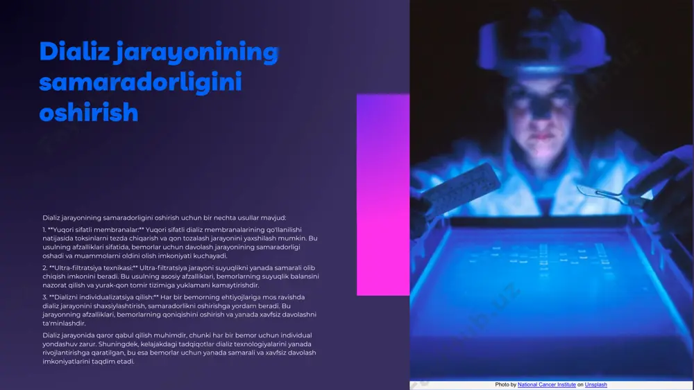 millashtirish zarur. dializ orqali tozalashning afzalliklari va kamchiliklari dializning afzalliklari: samaradorlik, kamchiliklari: vaqt va xarajat. e'tiboringiz uchun rahmat! image1.png image2.png image3.png image13.jpg image5.png image14.jpg image15.jpg image11.jpeg image12.png