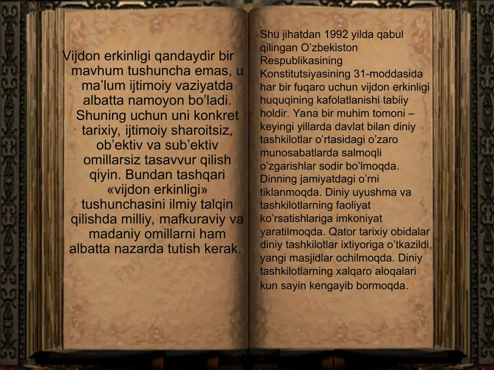 rishda hamda davlatga, jamiyat va shaxsga qarshi qaratilgan boshqa xatti-harakatlarda foydalanishga yo’l qo’yilmaydi. terrorizm, narkobiznes va uyushgan jinoyatchilikka ko’maklashadigan, shuningdek boshqa g’arazli maqsadlarni ko’zlovchi diniy tashkilotlar, oqimlar, sektalar va boshqalarning bunday faoliyatlari taqiqlanadi. fuqarolar dinga bo’lgan munosabatlaridan qat’i nazar, ta’limning xilma-xil turlari va darajalarini egallashi mumkin. qonunning 9-moddasida ko’rsatilishicha, diniy tashkilotlarning markaziy boshqaruv organlari ruhoniylarni va o’zlariga zarur bo’lgan diniy xodimlarni tayyorlash uchun diniy o’quv yurtlari tuzishga haqli. diniy o’quv yurtlari o’zbekiston respublikasi adliya vazirligida ro’yxatdan o’tkazilib, tegishli litsenziya olganidan keyin faoliyat ko’rsatish huquqiga ega bo’ladi. oliy va o’rta diniy o’quv yurtlarida ta’lim olish uchun fuqarolar o’zbekiston respublikasining «ta’lim to’g’risida»gi qonuniga muvofiq umumiy majburiy o’rta ta’lim olganidan keyin qabul qilinadi. diniy ta’lim beruvchilar maxsus diniy ma’lumoti bor kishilar bo’lib, bolalarni o’qitish uchun diniy boshqarmaning yoki markazning ruxsatnomasiga ega bo’lishi kerak. xususiy diniy ta’lim berishga yo’l qo’yilmaydi. bu qonun-qoidalarni buzganlar qonun oldida javobgardirlar. diniy tashkilotlar diniy ta’lim olish uchun fuqarolarni chet …