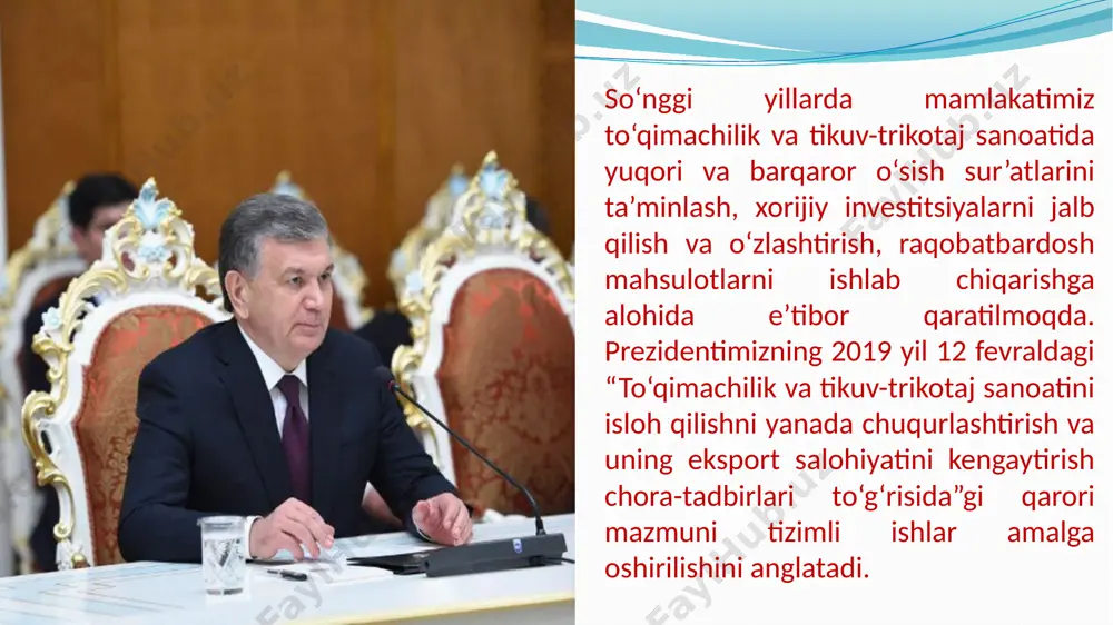 exnik imkoniyatlari va iqtisodiy samaradorligi bilan bir qtor avfzalliklarga ega. bu firma ip yigirishning barcha bosqichlari uchun jihozlar yetkazib bera oladigan kamson firmalar qatoriga kiradi. mavzuning dolzarbligi va maqsadi mavzuning dolzarbligi: loyiha ishining “marzoli firmasining jihozlarida paxta tolalaridan ip ishlab chiqarish imkoniyatlarini o‘rganish” mavzusi yuqori texnologiyalarga asoslanganligi, jahon bozori talablariga javob beradigan raqobatbardosh ip yigirish masalalarini qamrab olganligi uchun dolzarb xisoblanadi. bitiruv malakaviy ishining asosiy maqsadi: ushbu malaka ishida “marzoli” firmasining so'nggi yutuqlarini joriy etish asosida paxta tolali iplarni ishlab chiqarish imkoniyatlari baholash bosh maqsad etib belgilandi. shu asosda ip gazlamalar uchun qayta tarash tizimida iplar ishlab chiqarish imkoniyatini va iqtisodiy ko'rsatkichlarni aniqlash masalasi qo'yildi. belgilangan maqsadga muvofiq ishimizda bajarilishi lozim bo'lgan vazifalar belgilab olindi. “marzoli”firmasining to'qimachilik sanoati uchun jihozlari va ulardan foydalanish sanoatni rivojlanishida texnika va texnologiyaning yutuqlarisiz ishlab chiqarish hajmini ham, mahsulot turlari va sifatini ham yangilanib borayotgan talablarga moslab bo’lmaydi. bunday rivojlanishni avvaldan ko’ra bilgan mutaxassisgina sanoatni …