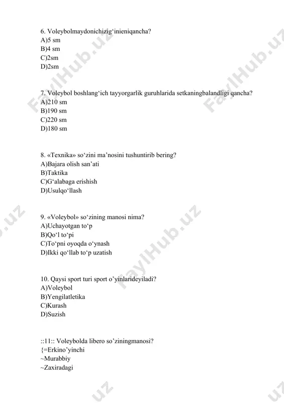 akiritishqaysichiziqdanamalgaoshiriladi? {=yuzchizig’idanamalgaoshiriladi ~yon chizig’idanamalgaoshiriladi ~hujumchizig’idanamalgaoshiriladi ~himoyachizig’idanamalgaoshiriladi } ::18:: ayollar va erkaklar aralash jamoasi musobaqada o‘ynashga ruxsatberiladimi? {=yoqruxsatberilmaydi ~ruxsatberiladi ~hakamgabogliq ~unvonigabogliq } ::19:: ayollar voleybol musobaqalarida o‘yinchilar vazni hisobga olinadimi? {=hisobgaolinmaydi ~hisobgaolinadi ~ayrimxollarda ~farqsiz } ::20:: o’yindavomidamaydondanechtao’yinchiishtiroketadi? {=6 ta ~5 ta ~4 ta ~7 ta } ::21:: ayollar voleybol to‘pining og‘irligi qancha? {=250 gr ~200 gr ~150 gr ~300gr } ::22:: ayollar uchun voleybol setkasining balandligi qanday? {=2 m 24 sm ~2 m 23 sm ~2 m 22 sm ~2 m 26 sm } ::23:: ayrim hollarda voleybol o‘yinida oyoq bilan o‘yinga ruxsat beriladimi? {=ha,ruxsatberiladi ~yo‘q, ruxsatberilmaydi ~ikki marta ~birmarta } ::24:: “barkamol avlod” sport o‘yinlarida kimlar o‘ynashga haqli? {=kollejtalabalari ~oliygohtalabalari ~ maktabo‘quvchilari ~litseyo‘quvchilari } ::25:: oyindavomida jamoa raqiblar tomoniga to‘p tushirishga muvofiq bo‘lsa necha ochko beriladi? {=1 ochko ~2 ochko ~3ochko ~4ochko } ::26:: voleybol musobaqasida qaysi hakam oxirgi qarorni qabul qiladi? {=bosh hakam halqiladi ~2 hakamhalqiladi ~ yon hakamhalqiladi …
