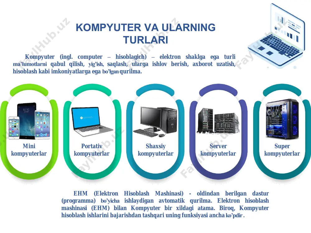 qurilmasi (xdd-hard disk driver), faqat o’qish uchun mo’ljallangan lazer disk qurilmasi (cd rom- compact disk read only memory), shinalar, modem va boshqa qurilmalar. sistema blokiga uning parallel (lpt) va ketma- ket (com) portlari orqali ko’plab tashqi qurilmalarni ulash mumkin. sistema platasi mikroprotsessor xotira. elektr ta'minoti bloki monitor. monitor - komp'yuterdagi grafikli va matnli axborotlarni tasvirini ekranda hosil qiladi. kompyuter tarqatadigan nur umuman aytganda zararli, shuning uchun ham ba'zi kompyuterlarda past radiatsiya (lowe radiation) so’zlarini uchratish mumkin. lekin ularning inson organizmiga ta'siri tobora kamayib boradigan rusumlari yaratilmoqda. monitor еkranining o'lchami odatda uning diaganali kattaligi bilan dyuymlarda beriladi: buninga misoli keyingi yillarda chiqarilgan shk larda еkranlarning quyidagi tipik o'lchamlari qabul qilingan: 17, 19, 21, 38, 43 dyuymli svga (super video grafic adapter-katta video grafik adapter) monitorlarda nurlarning ta'sirini ancha kamaytirilishiga erishilganligini keltirish mumkin. monitor asosiy xarakteristikalaridan biri uning tasvirlash qobiliyatidir. tasvirlash qobiliyati ekranning gorizontali va vertikalidagi nuqtalar soni bilan beriladi. masalan 14 …